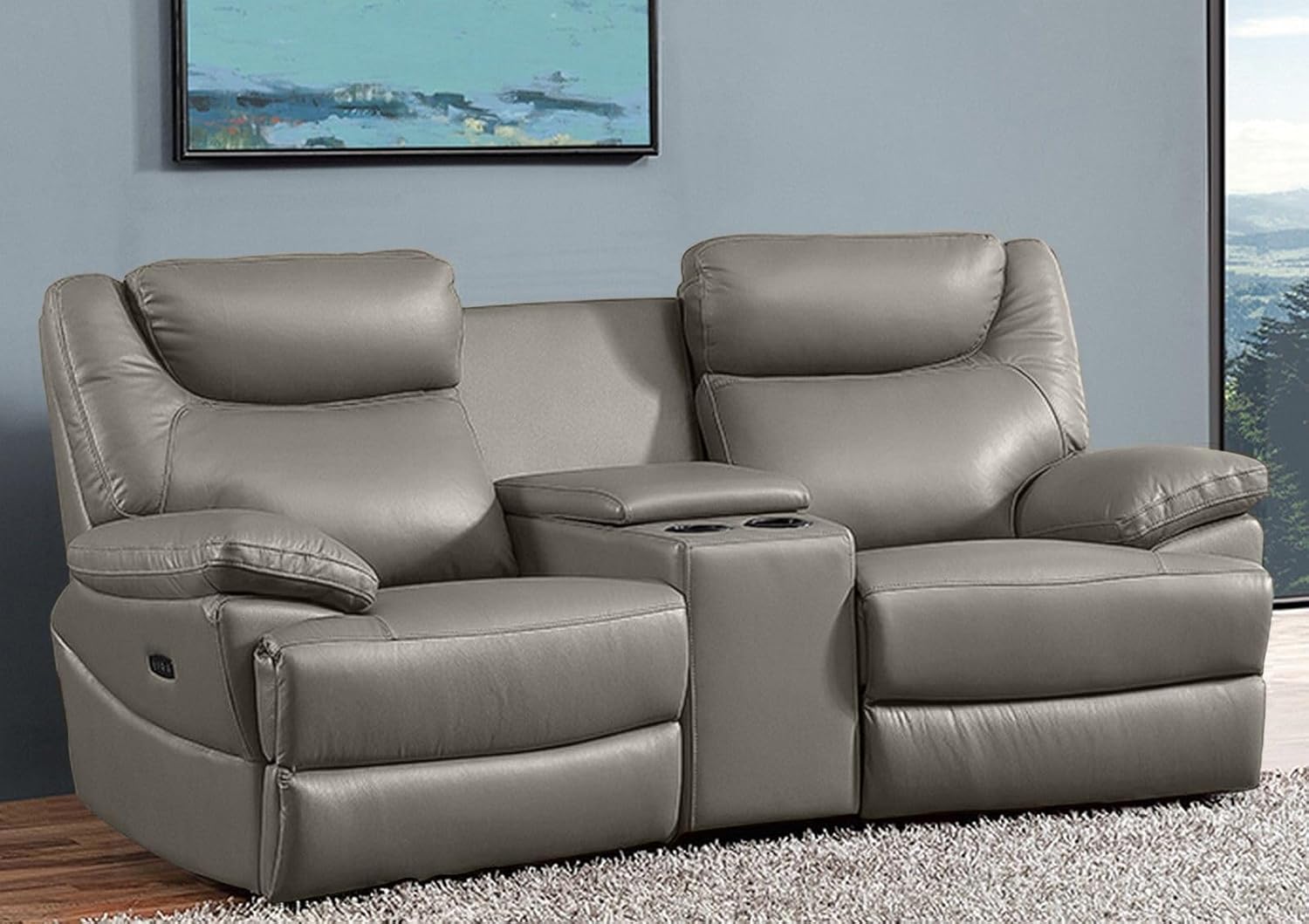 Mapo 3581 2-Sitzer Kinosofa elektrisch verstellbar | Heimkino Relaxsofa aus Comfort Leder mit Cupholder & Ablagefach | Fernsehsessel, Vollleder, bis 160 kg pro Sitz | Grau-Braun (Leder)