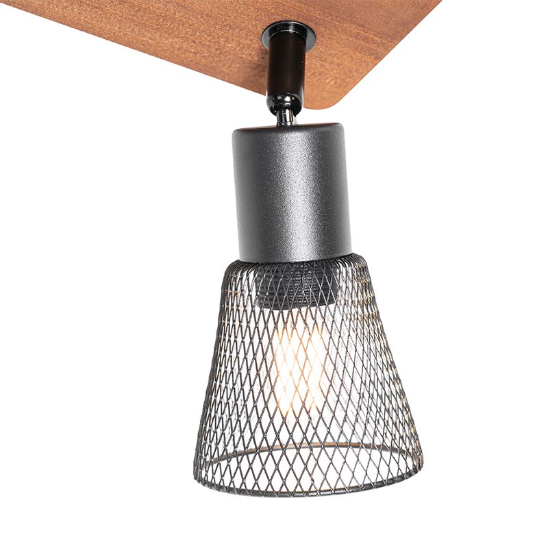 Industriële spot zwart met hout 4-lichts - Kristina