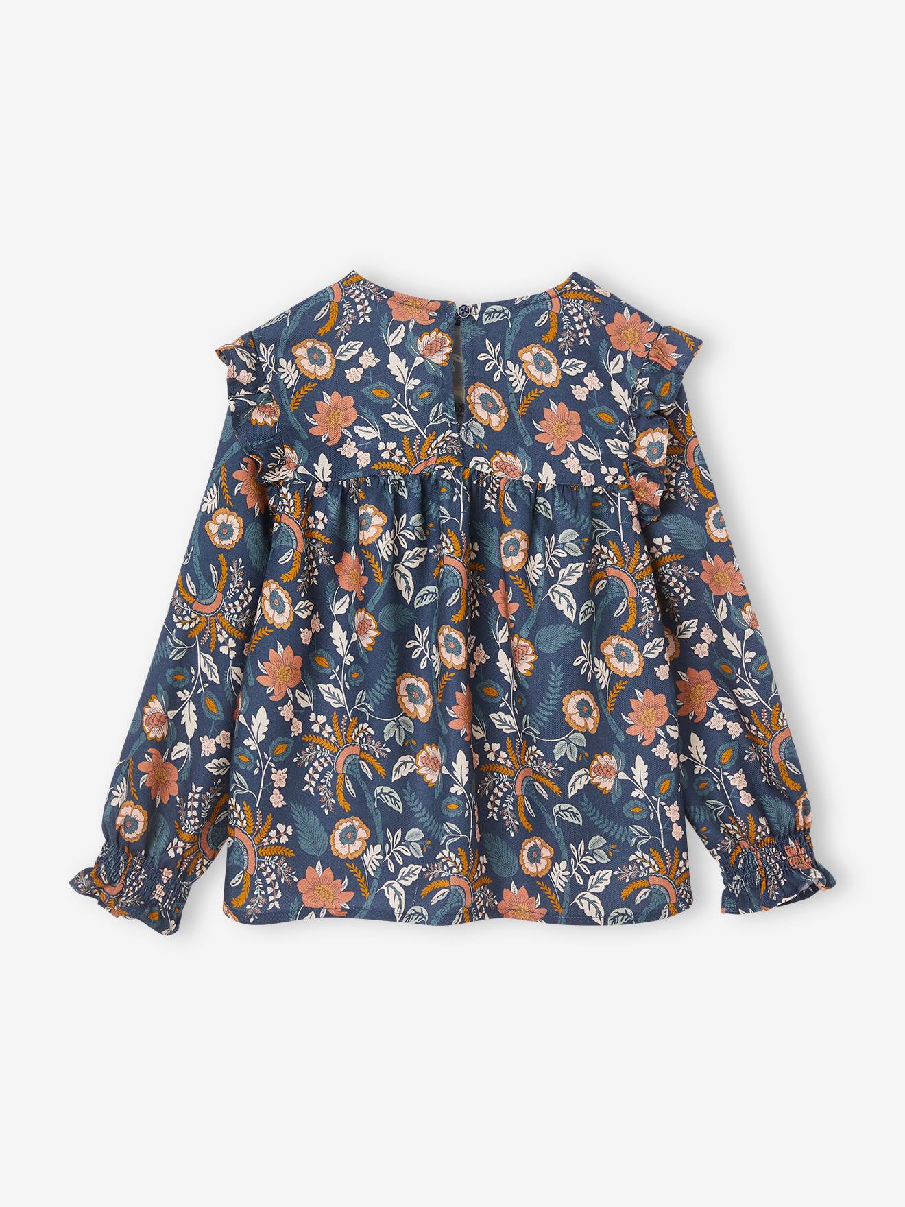 Blusa de manga comprida com flores, para meninas, azul escuro