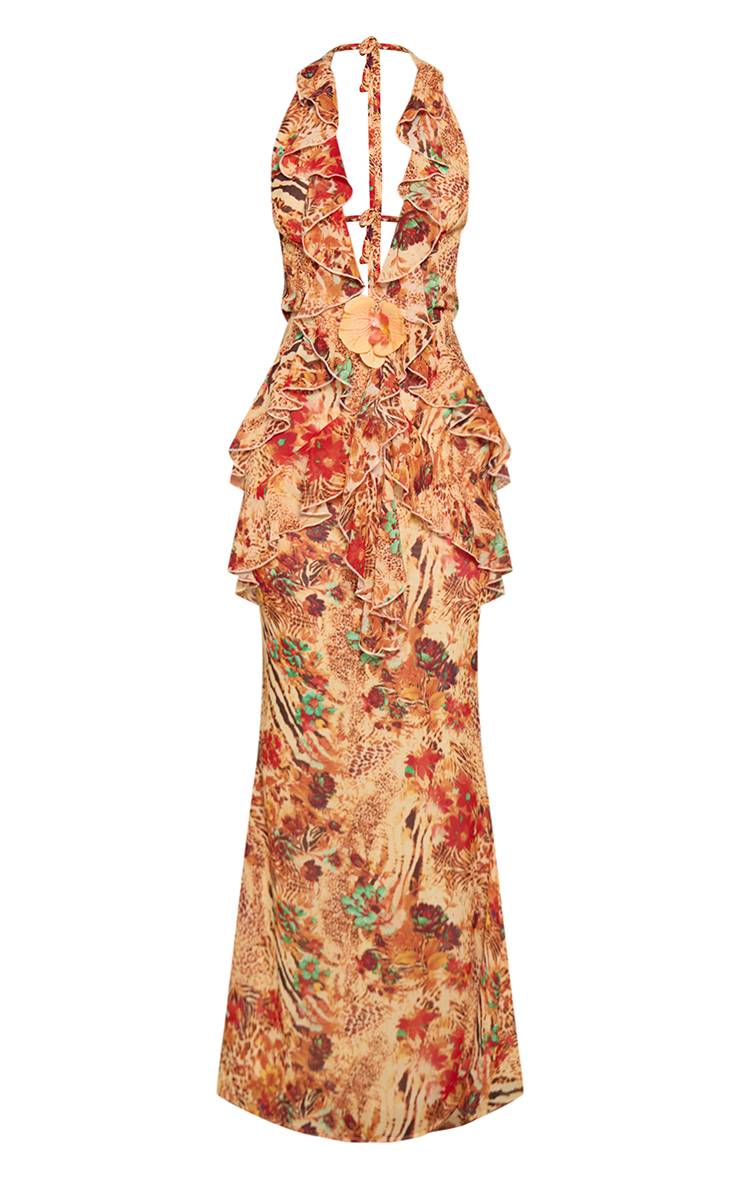 Jaune Robe Longue À Imprimé Animal Avec Volants Plongeants Et Ornements Floraux