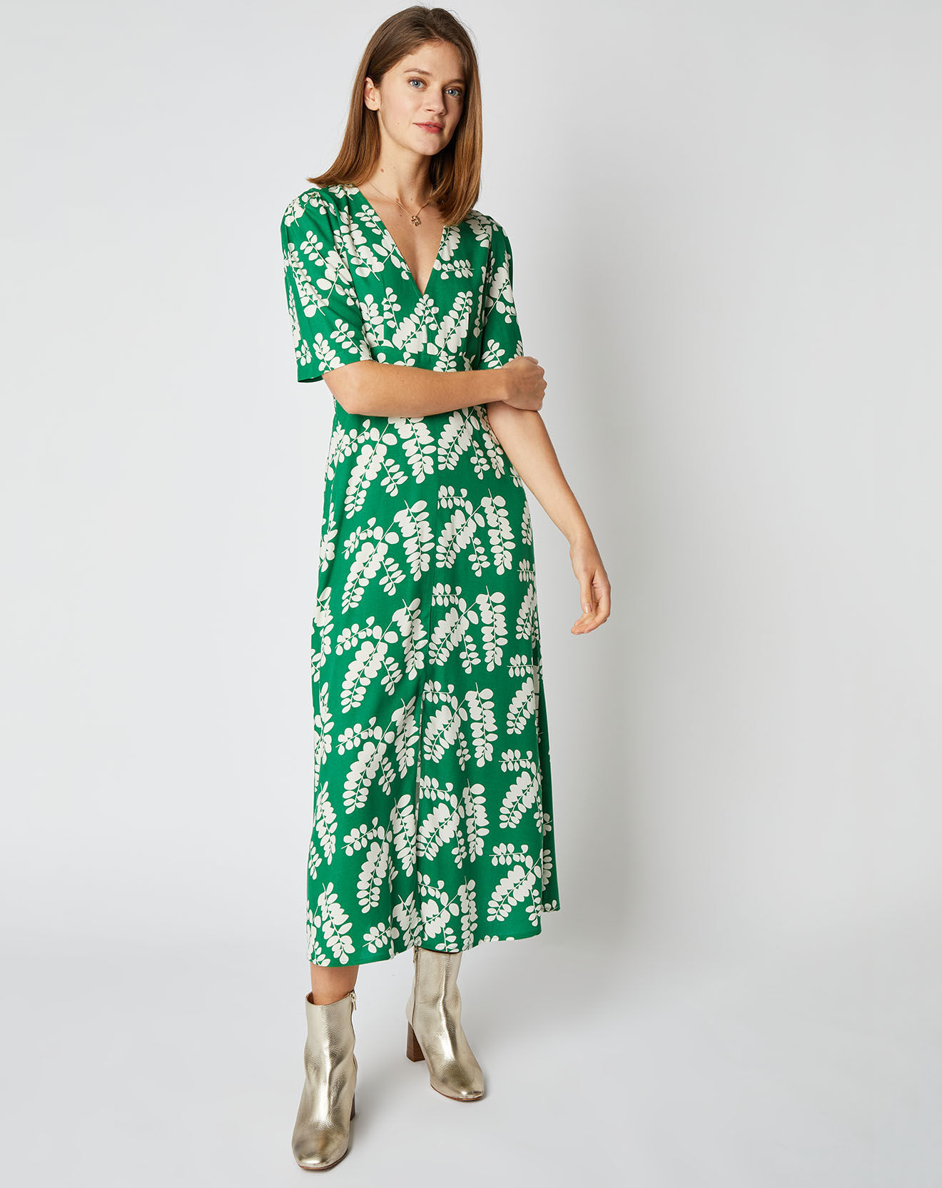 An'ge Robe mi-longue Sarah à motifs vert pomme/blanc