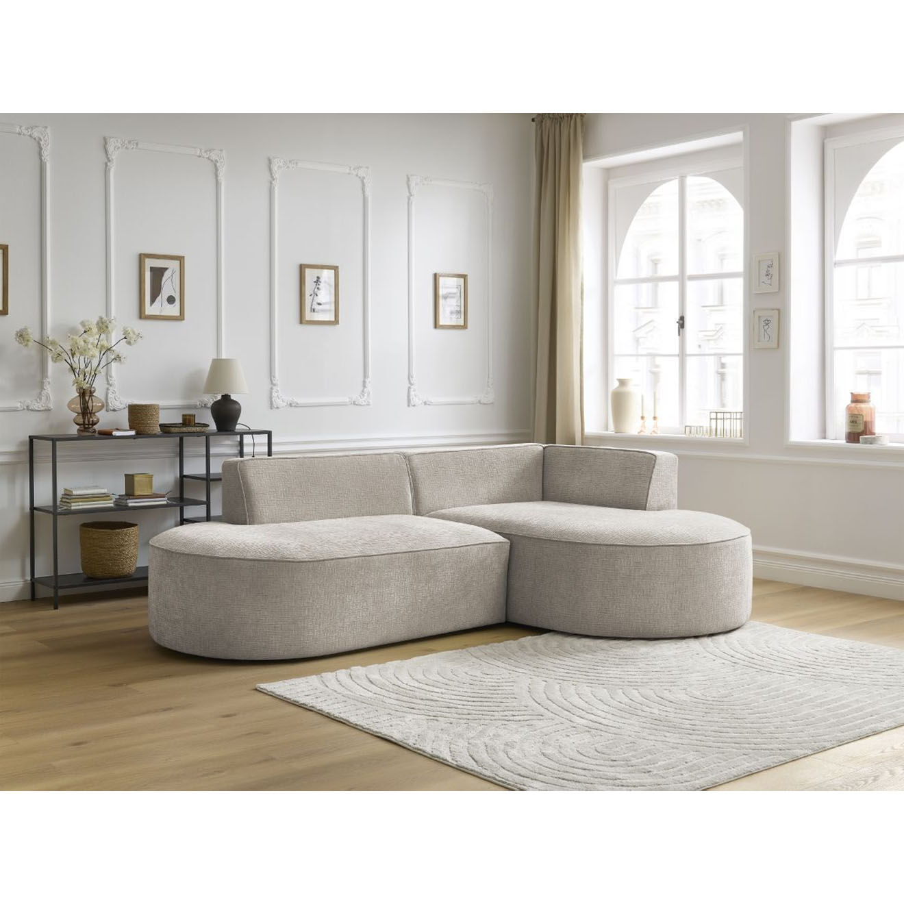 Bobochic Canapé d'angle droit fixe 4 places Rousseau texturé beige - 250x160x72 cm