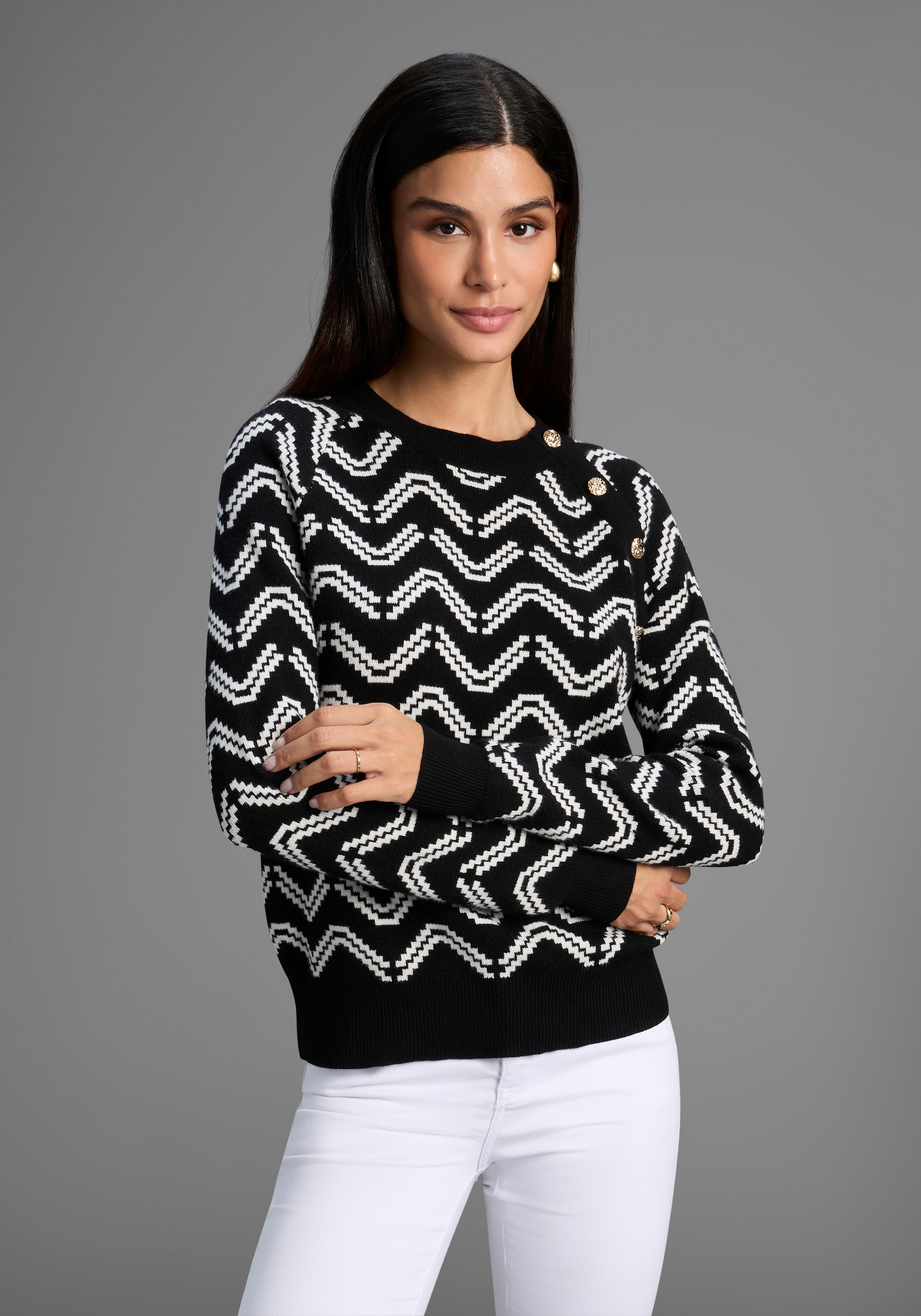 Laura Scott Rundhalspullover , kuscheliger Strick mit Jaquardmuster und Knöpfen - NEUE KOLLEKTION