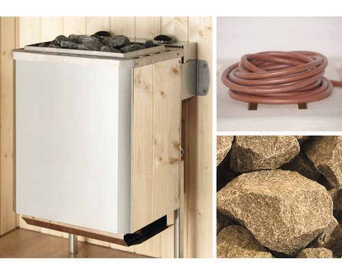 Weka Naantali saunacabine inclusief 9 kW kachel en geïntegreerde bedieningseenheid met houten deur en geïsoleerd glas.