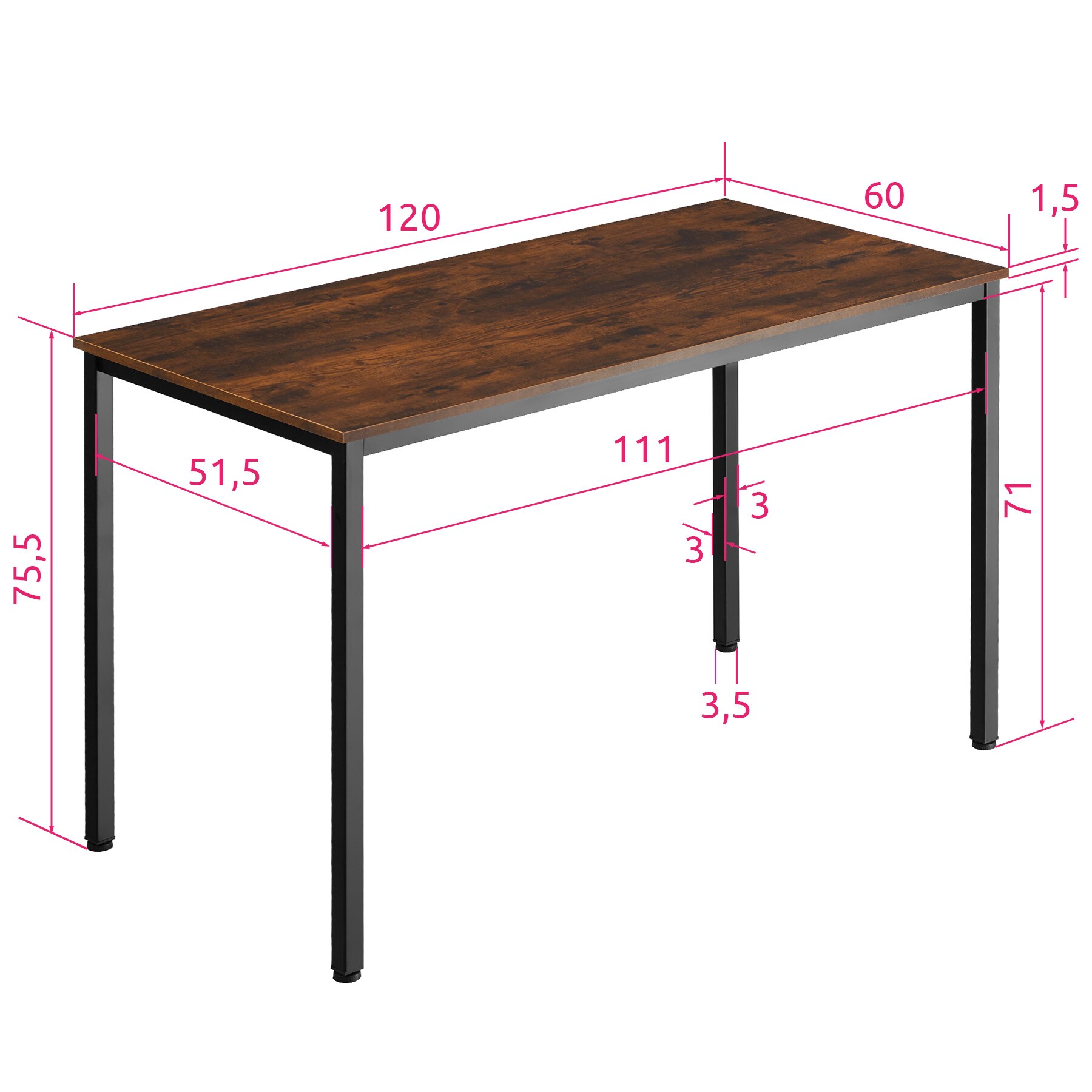 tectake® Schreibtisch, Industrial Style, große Beinfreiheit, 120 x 60 x 75,5 cm