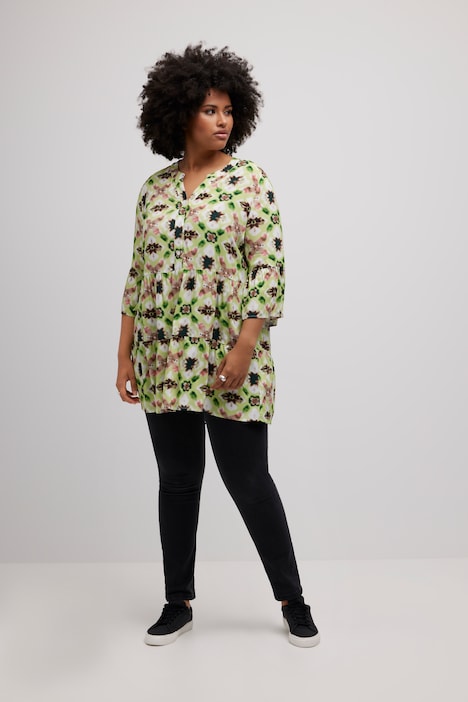 Midikleid, Volants, A-Linie, Tunika-Ausschnitt, 3/4-Arm