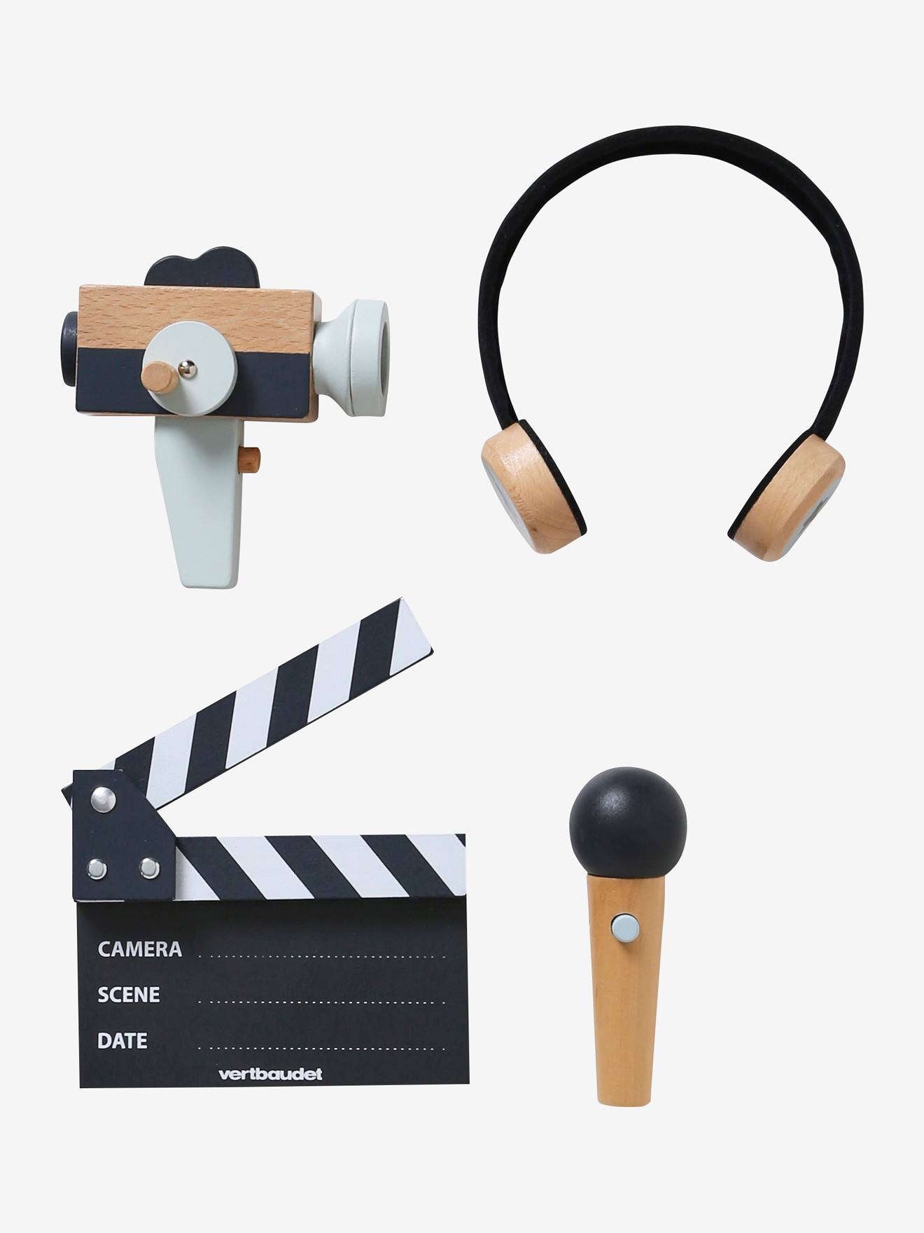 Kit para filmagem em madeira FSC®, cinza médio, liso com motivos.