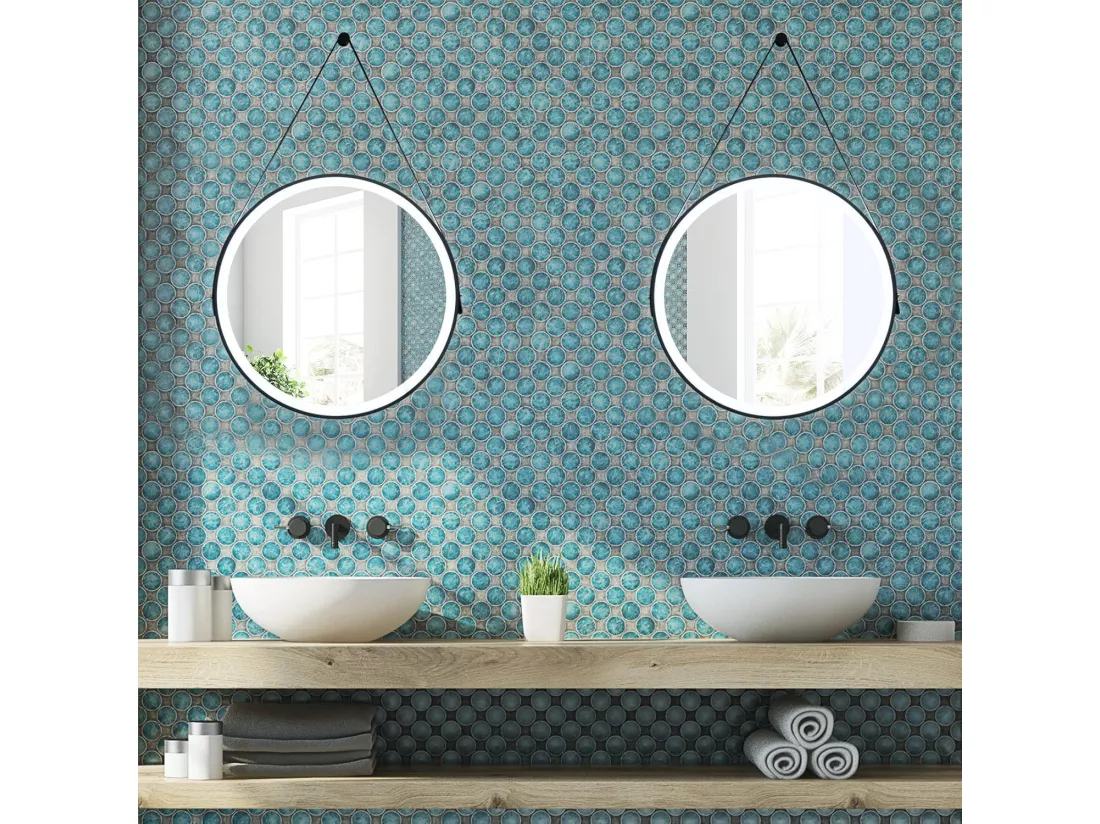 Miroir Anti-Buée Salle de Bain de 60 cm avec Sangle en Cuir, Miroir Anti-Eau Rond LED, Fonction Anti-Buée et Mémoire, Dimmable, 3 Couleurs