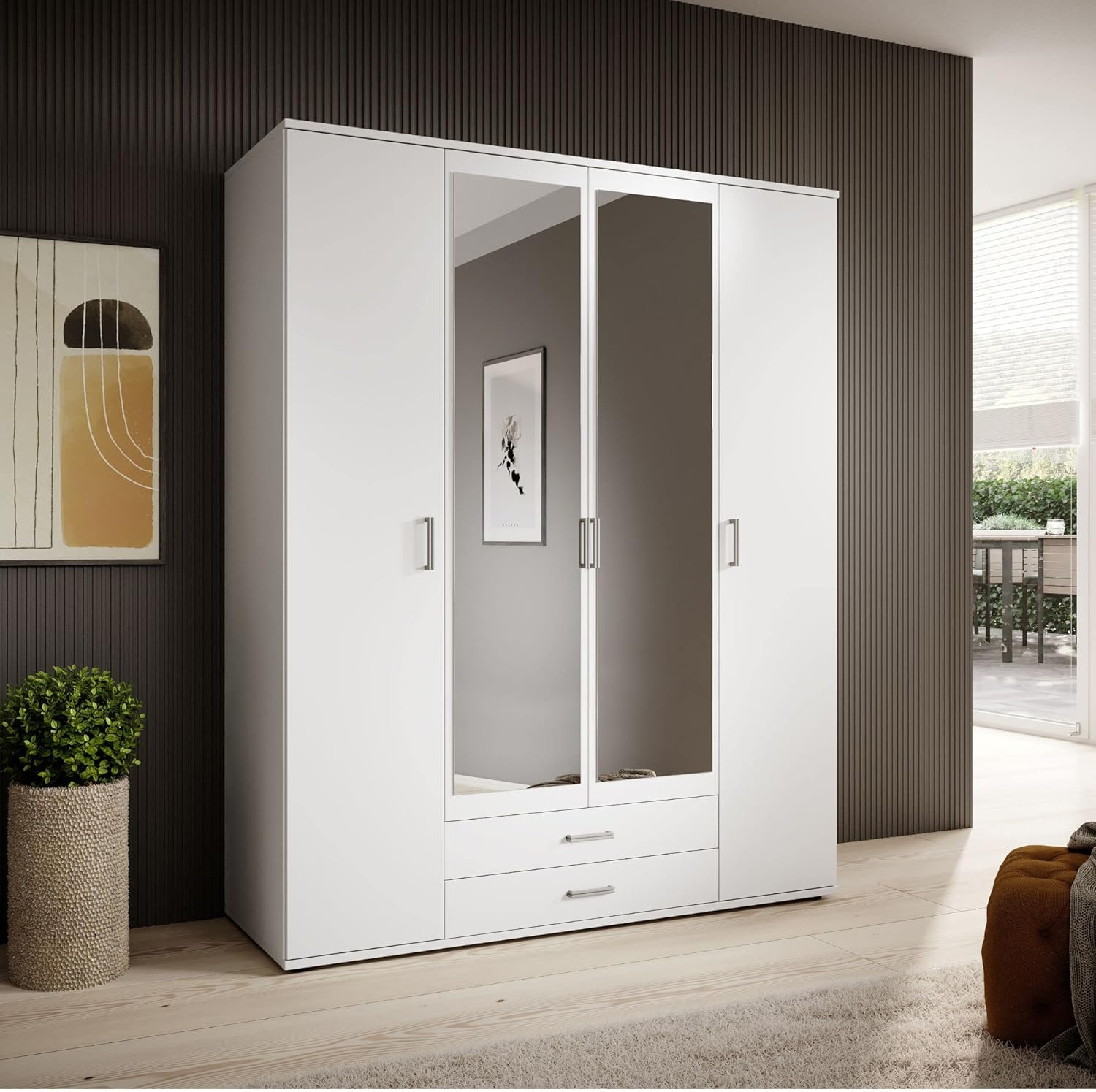 KARL Eleganter Kleiderschrank 4-türig mit viel Stauraum - Vielseitiger Drehtürenschrank in Weiß mit Spiegeltüren - 160 x 196 x 54 cm (B/H/T)