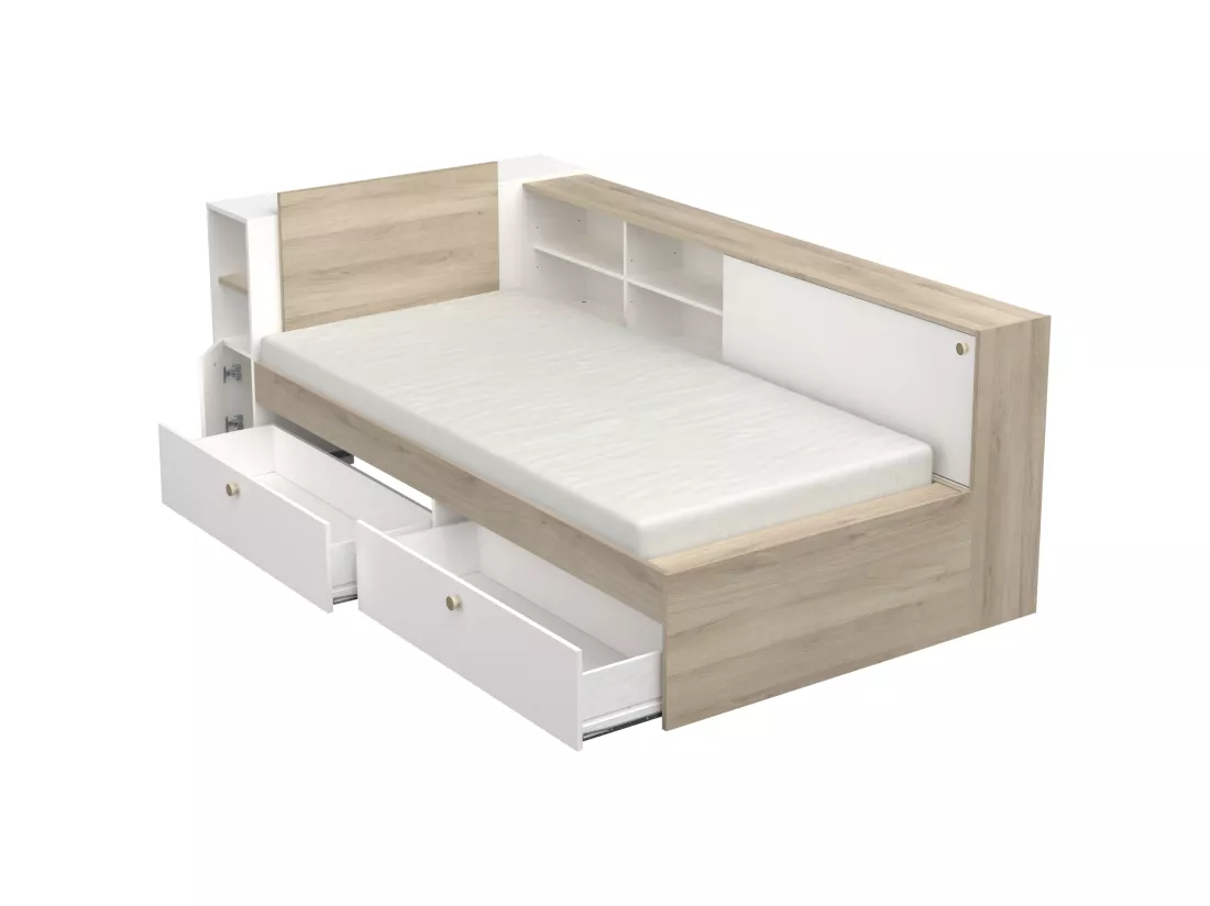 Lit modulable 90 x 190/200 cm avec rangements - Blanc et naturel + Sommier - LIARA