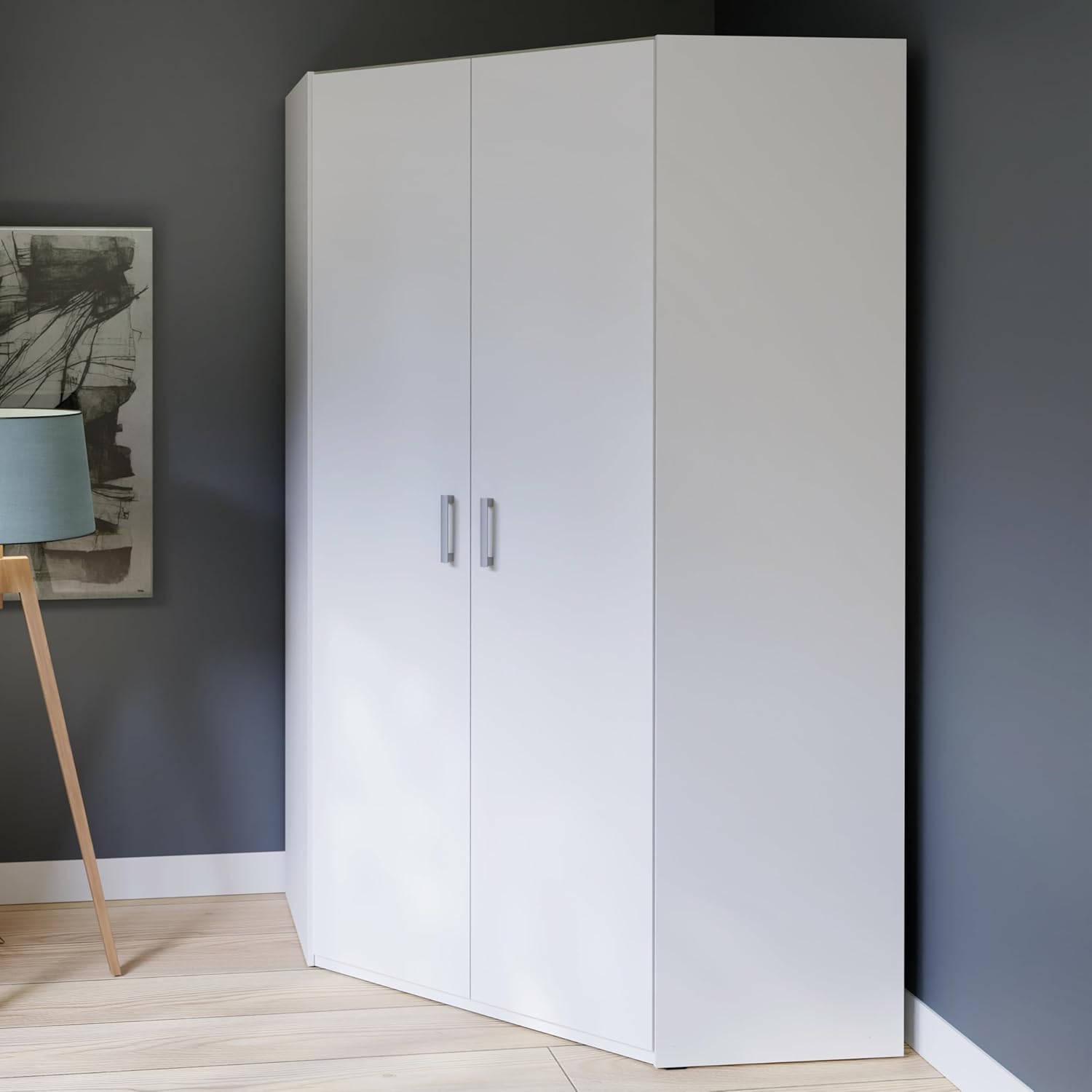 Forte ECONOBOX 2 Eckkleiderschrank 115 120, 2-türiger Drehtürenschrank, Holzwerkstoff, Weiß, 116,8 cm breit, 210,5 cm hoch, 116,8 cm tief