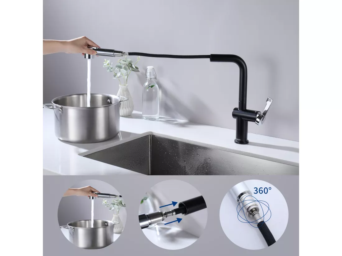 Cecipa max 2 en 1 Évier de Cuisine Inox 1 Bac Noir gris 50 x 45 x 18.5 cm + Robinet de Cuisine Extractible avec 2 modes de sortie d'eau