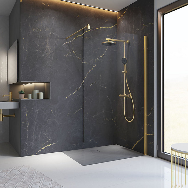 Paroi de douche à l'italienne 200 x 100 cm, verre transparent anticalcaire, profilé finition doré mat, Schulte NewStyle
