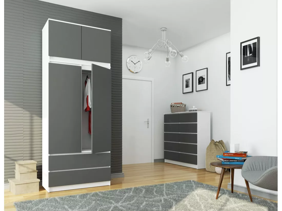 Armoire avec surmeuble AKORD S90 Blanche 90 cm 2 portes 2 tiroirs façade Gris Graphite 6 étagères 90x51x234 cm