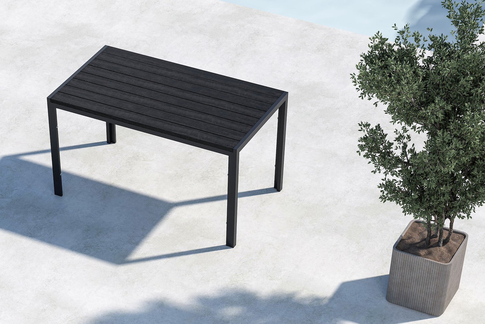Mirko spisebord Hagebord i sortlakkert aluminium med sort plywood bordplate.