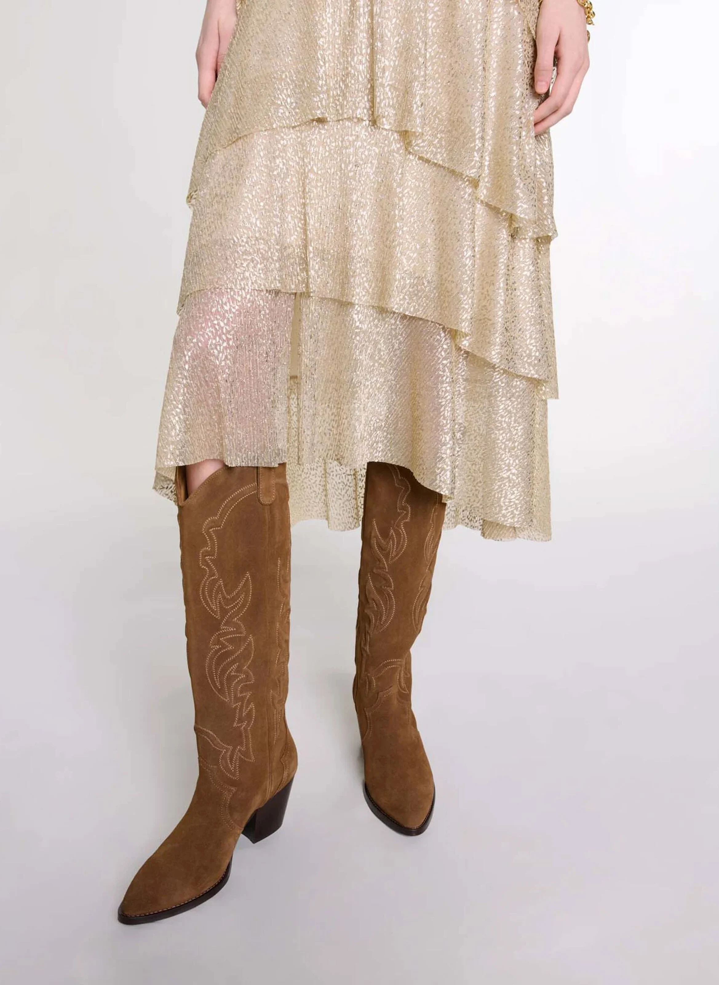 Robe midi col V scintillante| Doré