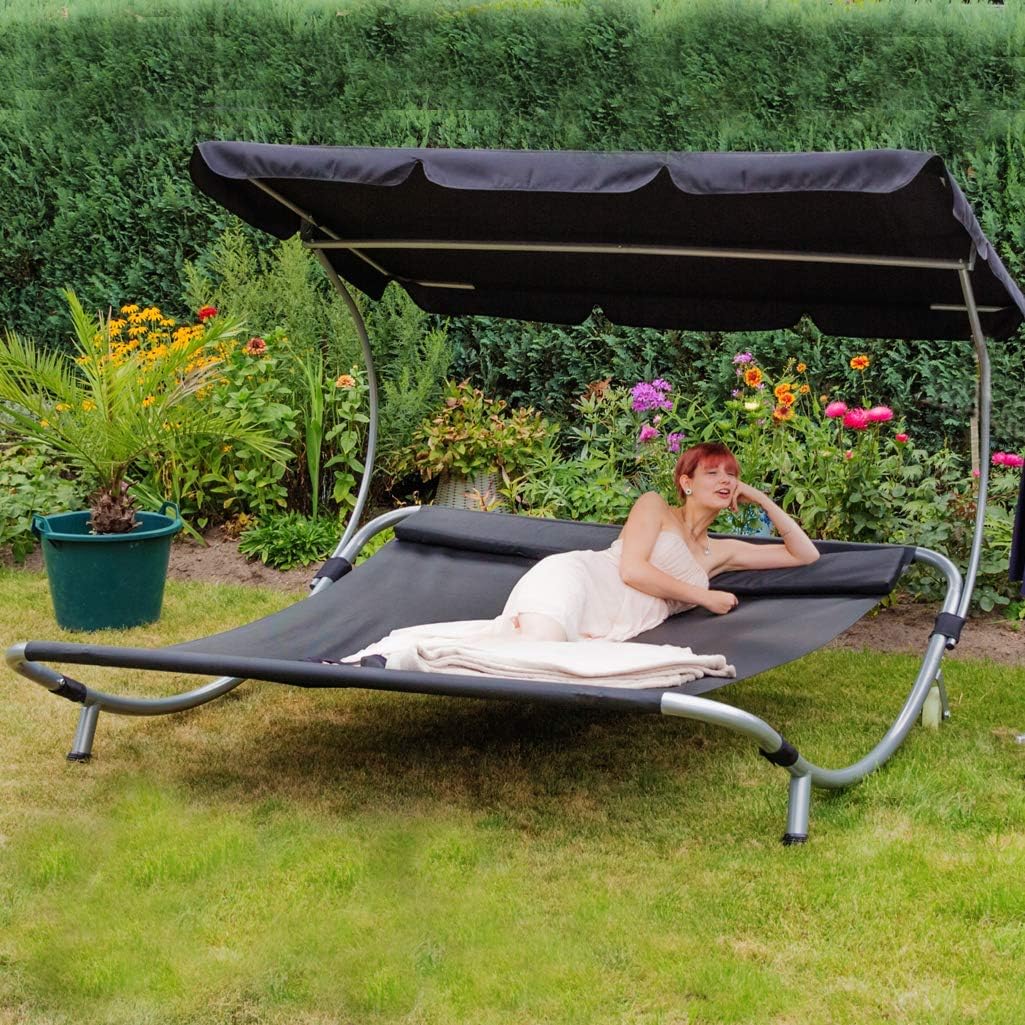 Sonnenliege Doppelliege mit Dach für 2-Personen Doppel Gartenliege mit Sonnendach für Garten oder Balkon ，200x195x145cm LW22-Schwarz