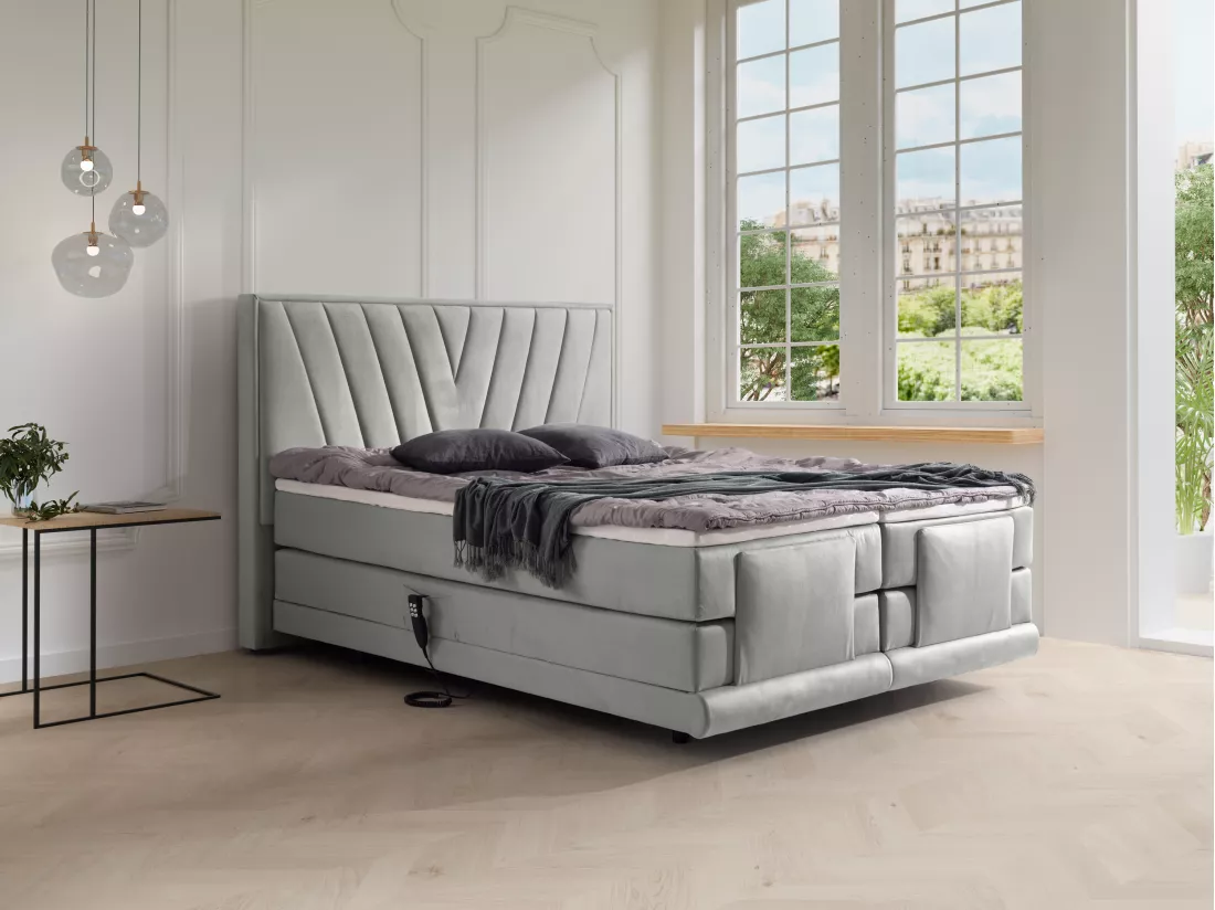 Ensemble complet boxspring tête de lit + sommiers relaxation électrique + matelas + surmatelas - 2 x 90 x 200 cm - Velours - Gris clair - LUMONI de YSMÉE