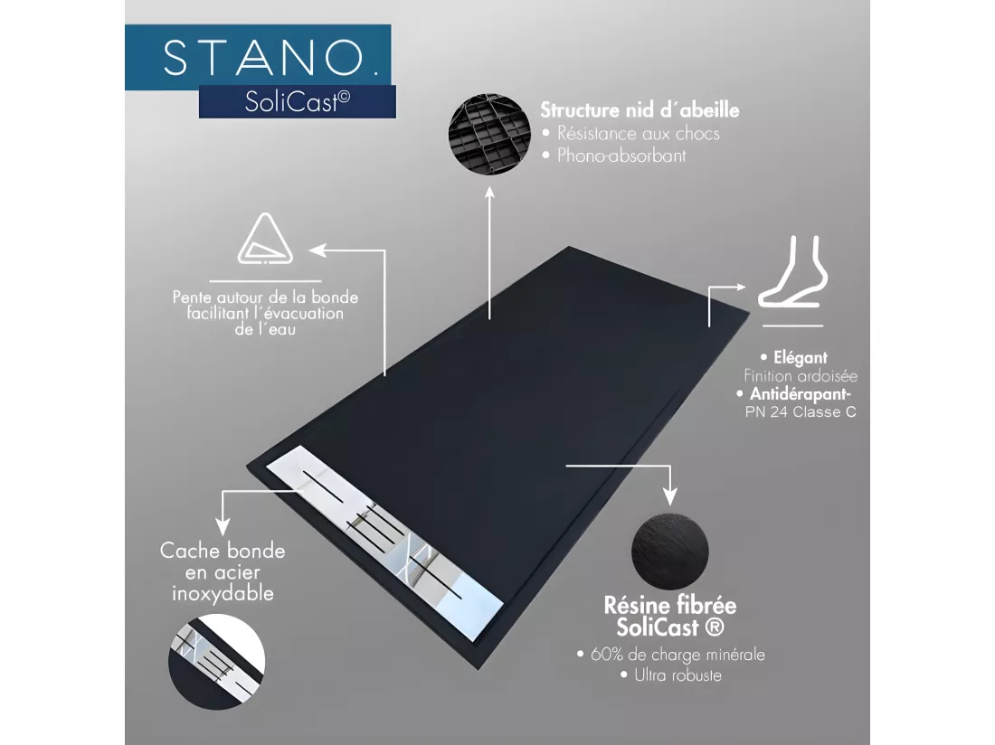 Receveur de douche 90 x 120 cm extra plat LUCIA en SoliCast® surface ardoisée noir