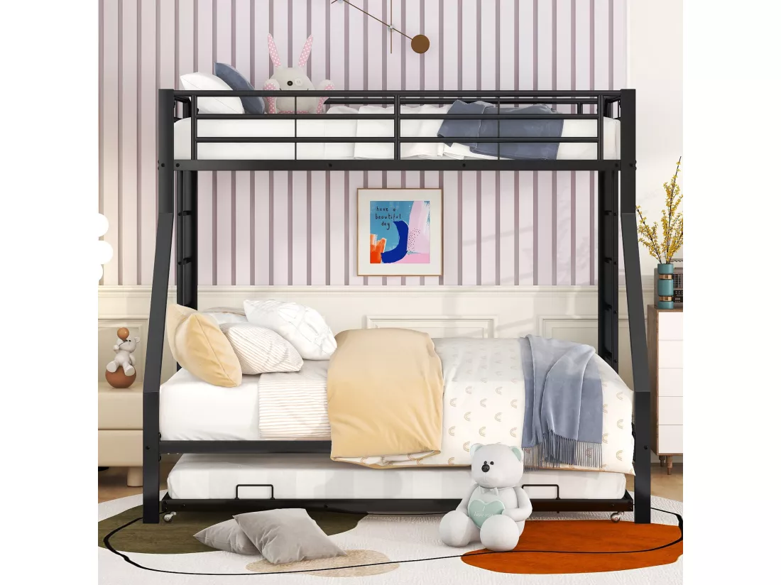 Lit superposé en métallique avec lit extensible 90(140)x200cm - lit d'adolescents avec échelle des 2 côtés pour enfants facile à monter - noir