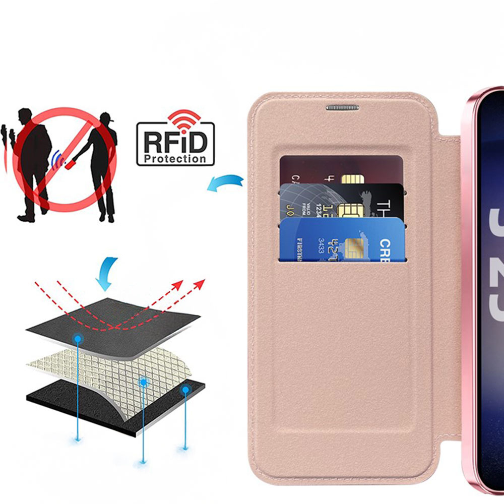 Samsung Galaxy S25  Plus Hybrid Leder Tasche   Kunststoff Rückseite MagSafe-Modul (RFID Schutz) - Rosa / Transparent