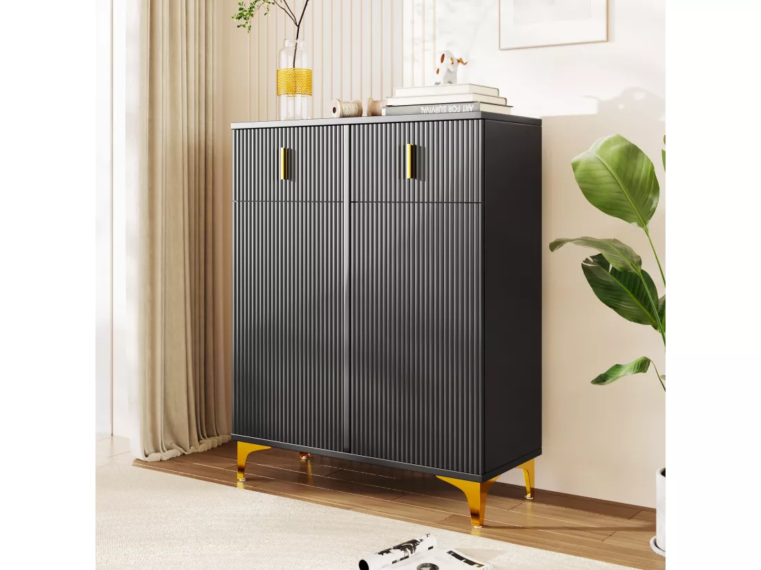 Meuble à chaussures avec 2 portes et 2 tiroirs, buffet - 82 x 35 x 101 cm - Panneaux de particules - Coloris noir