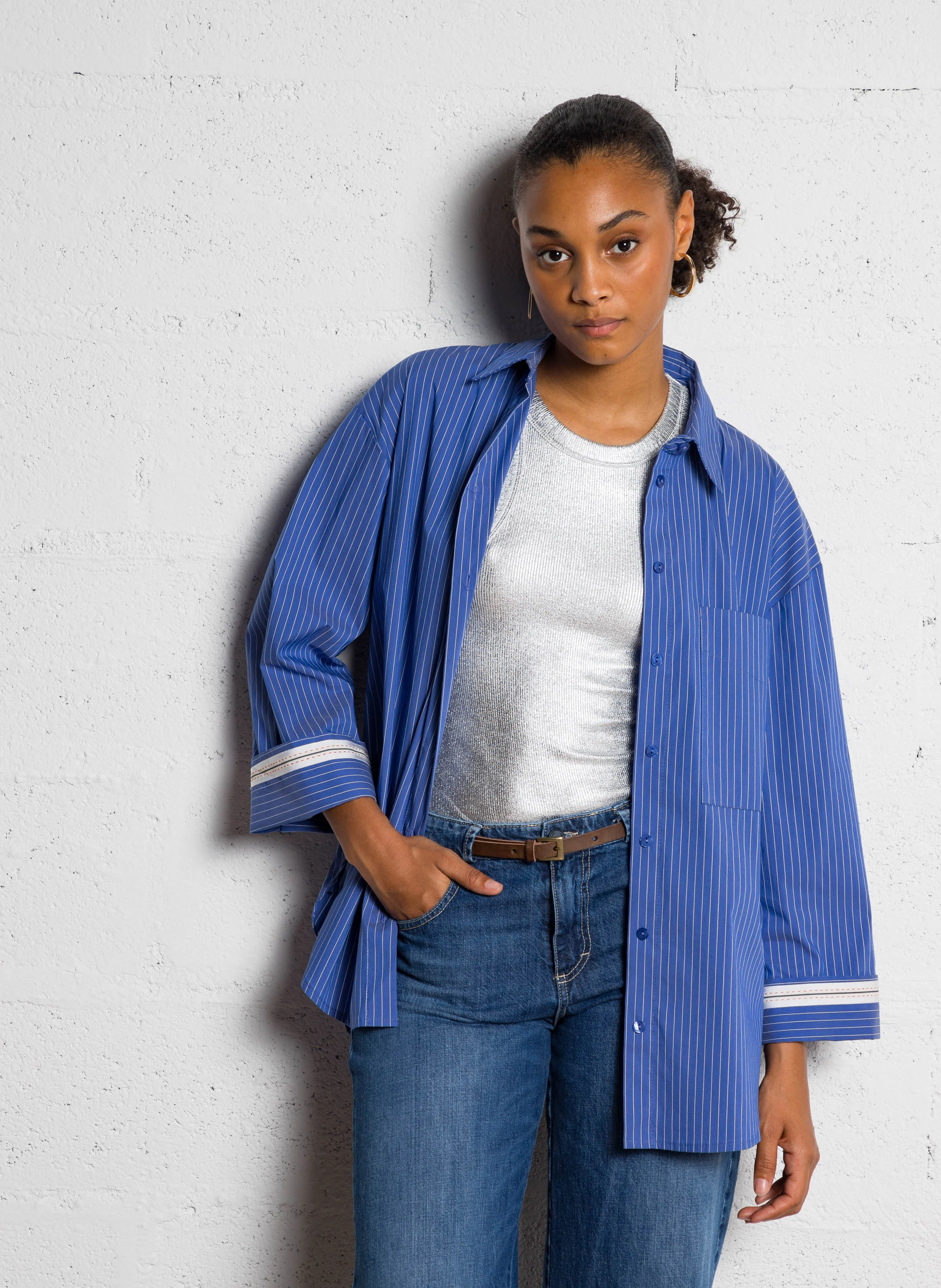 Chemise col classique rayée en coton mélangé | Bleu