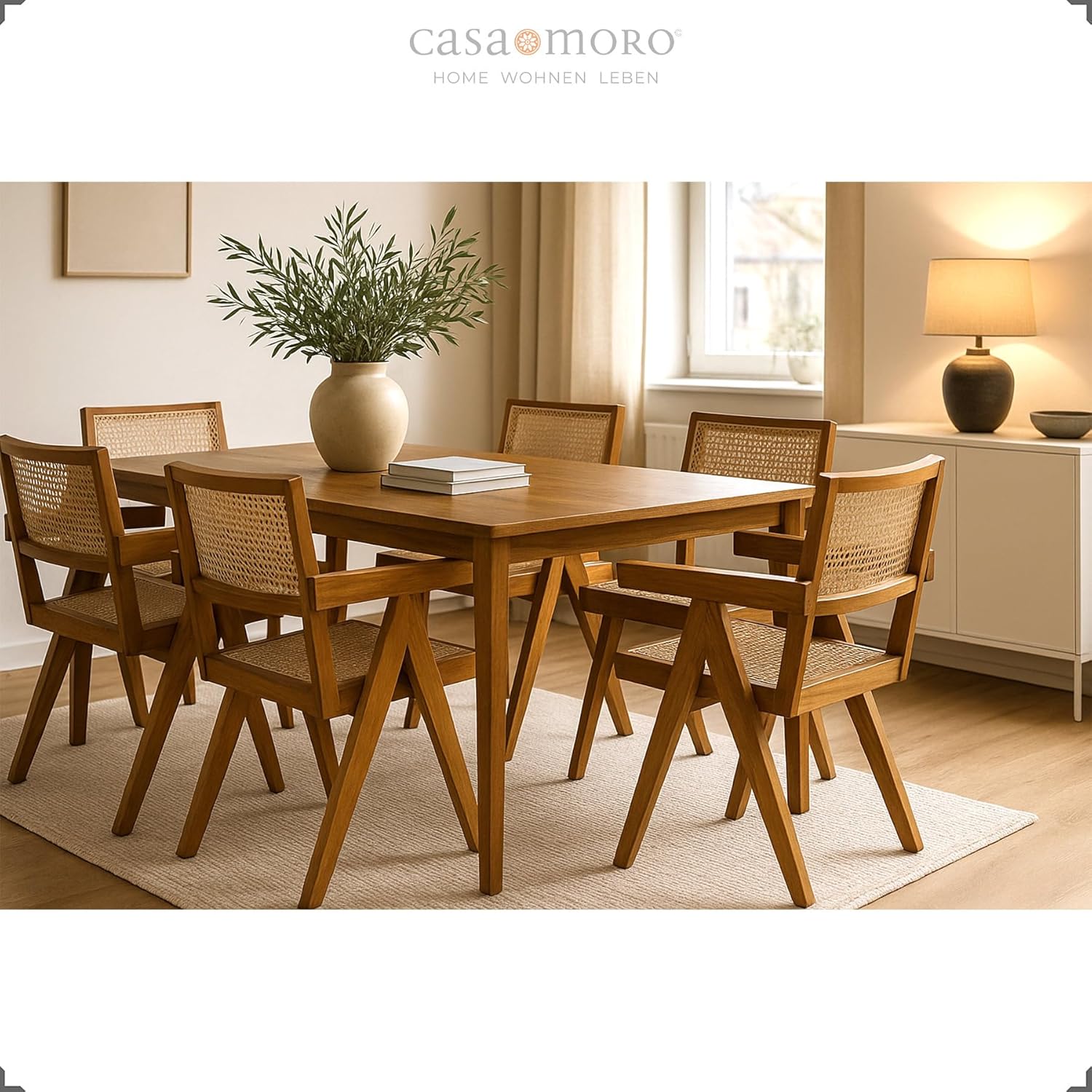 Casa Moro Esszimmerstuhl mit Armlehne, Stuhl Teakholz Rattan Braun Beige