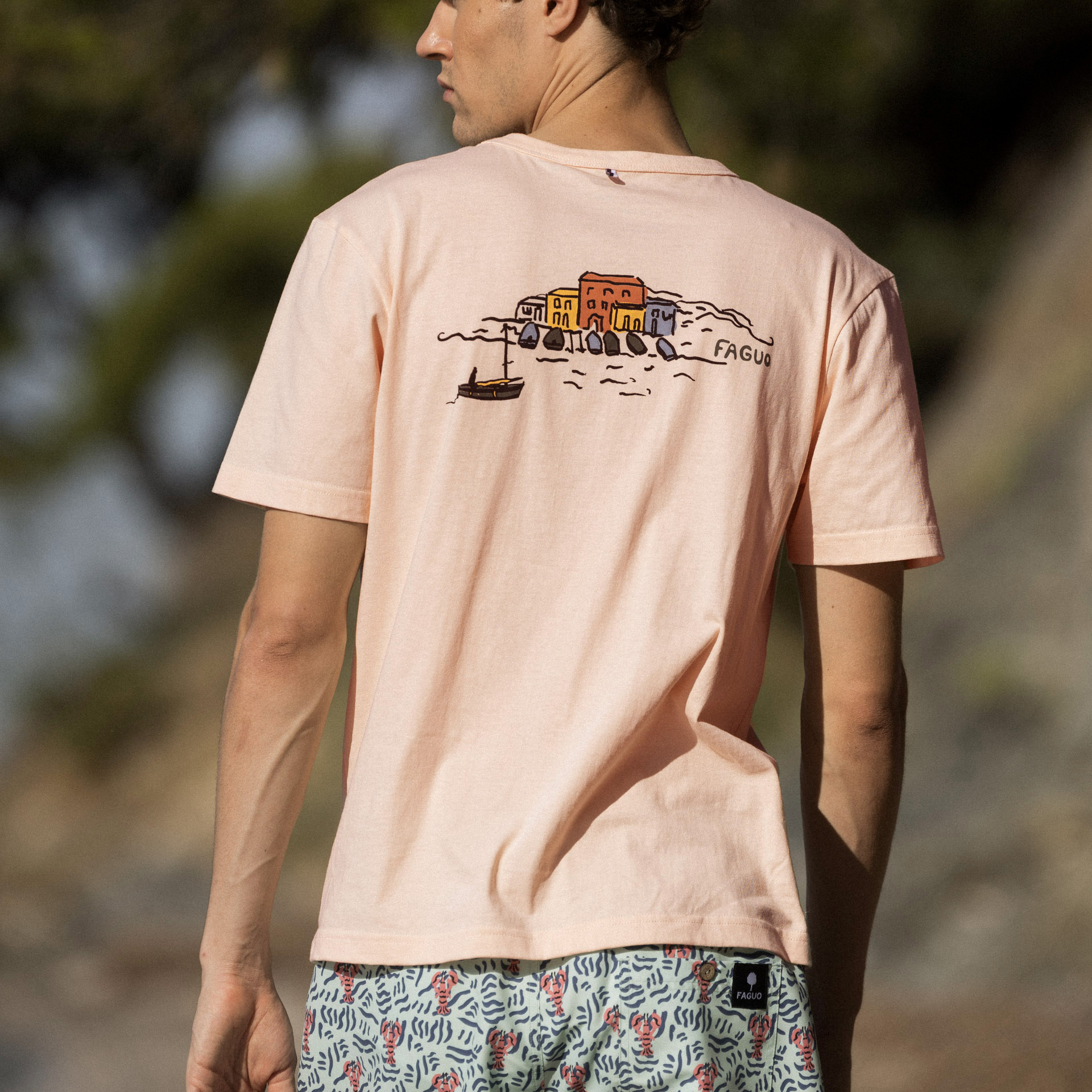 T-shirt rose pâle sérigraphie le port coton et coton recyclé - modèle lugny