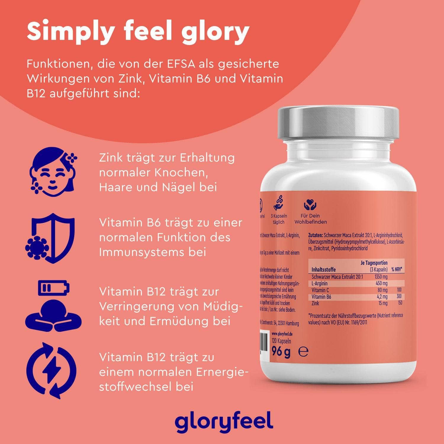gloryfeel® Schwarzer Maca Extrakt + L-Arginin, Vitamin B6, B12 & Zink