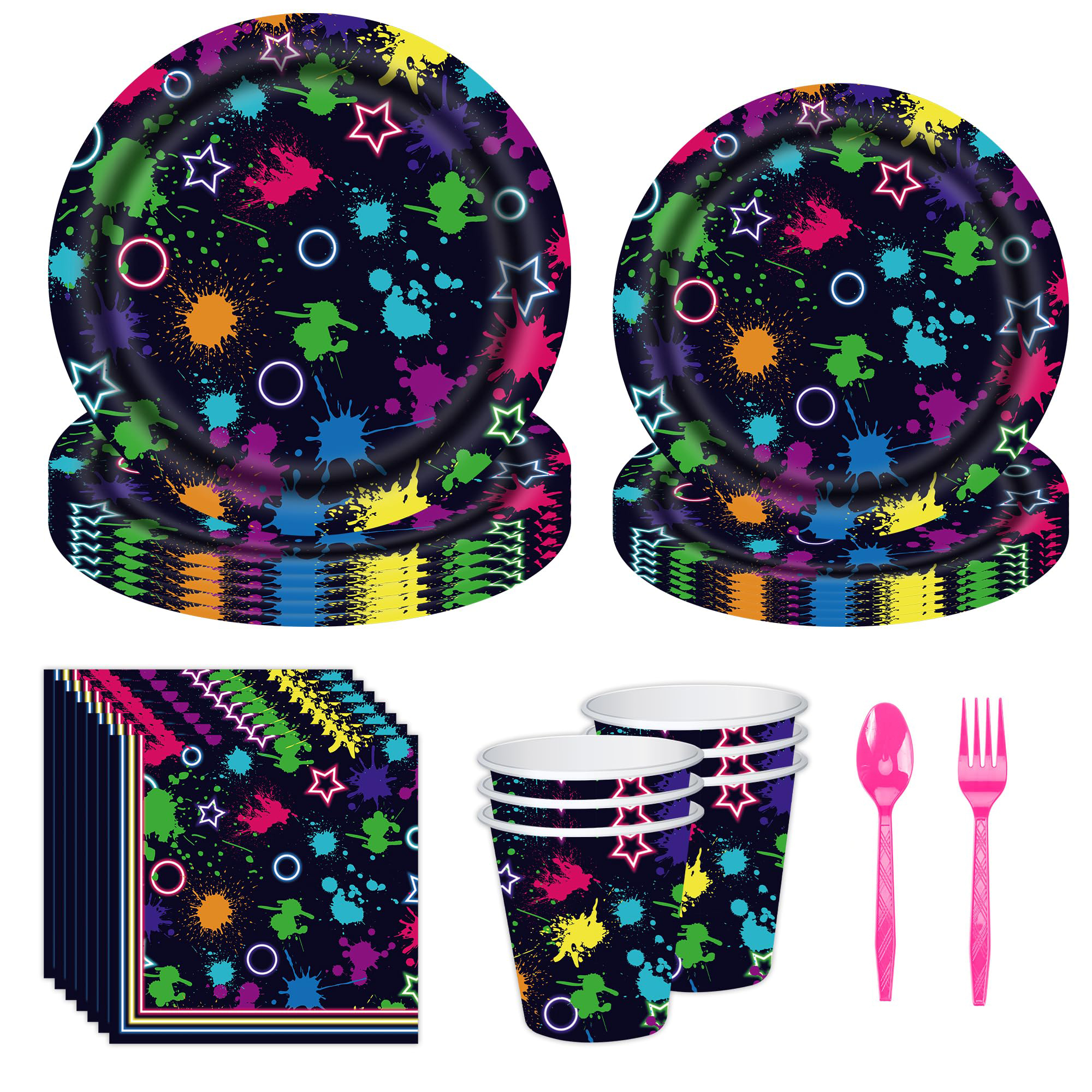 (151-tlg. Set) Neon Einweg Geschirr Party Tisch Dekoration inkl. Teller / Besteck / Tischdecke / Papp Becher - Farbspritzer