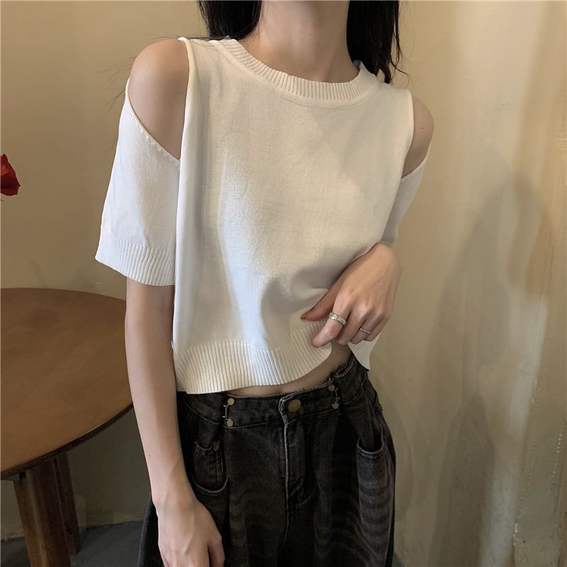 Shinsei - Kort mouwloos, schouderloos, effen gebreide crop top