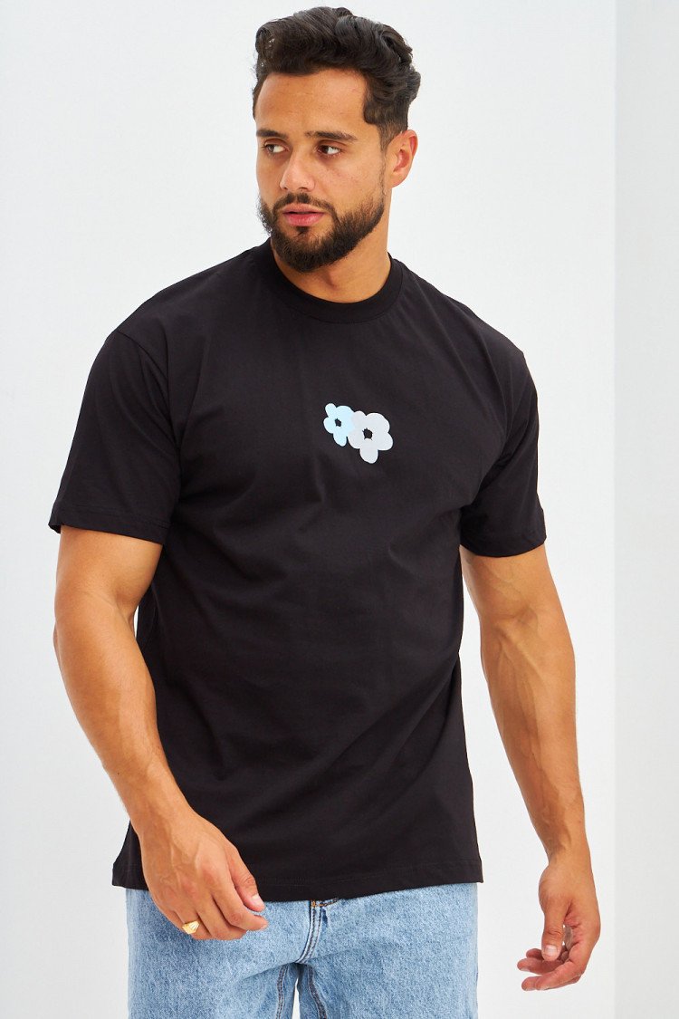 T-shirt floqué fleurs avant et arrière noir