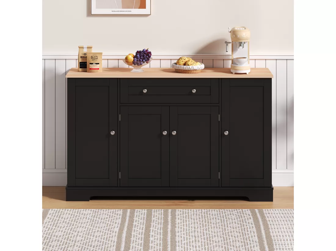 Buffet de cuisine avec 4 portes et 1 tiroir - 138 x 40 x 85 cm - Bois MDF - Tablettes réglables - Noir + naturel