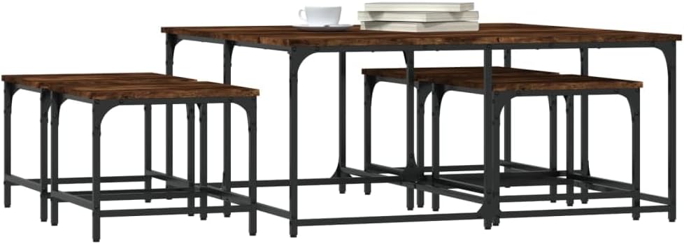 5-Piece Nesting Coffee Table Set, Smoked Oak Engineered Wood, Industrial Design, Space Saving Living Room Tables, Versatile Center Table for Small Apartments, Bedroom, Office Use