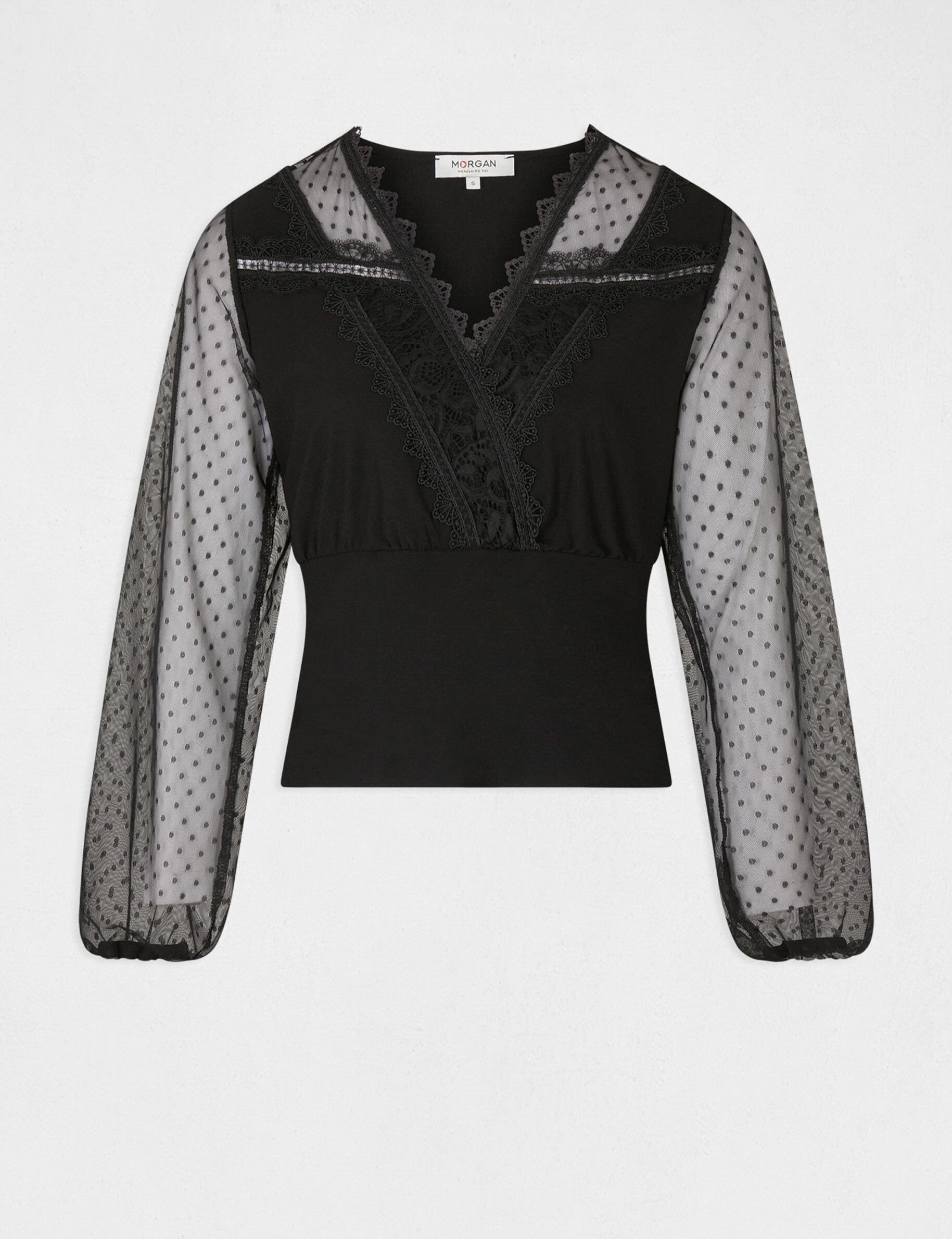 T-shirt manches longues à plumetis noir femme - noir