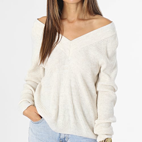Pull Col V Femme New Tessa Beige Chiné