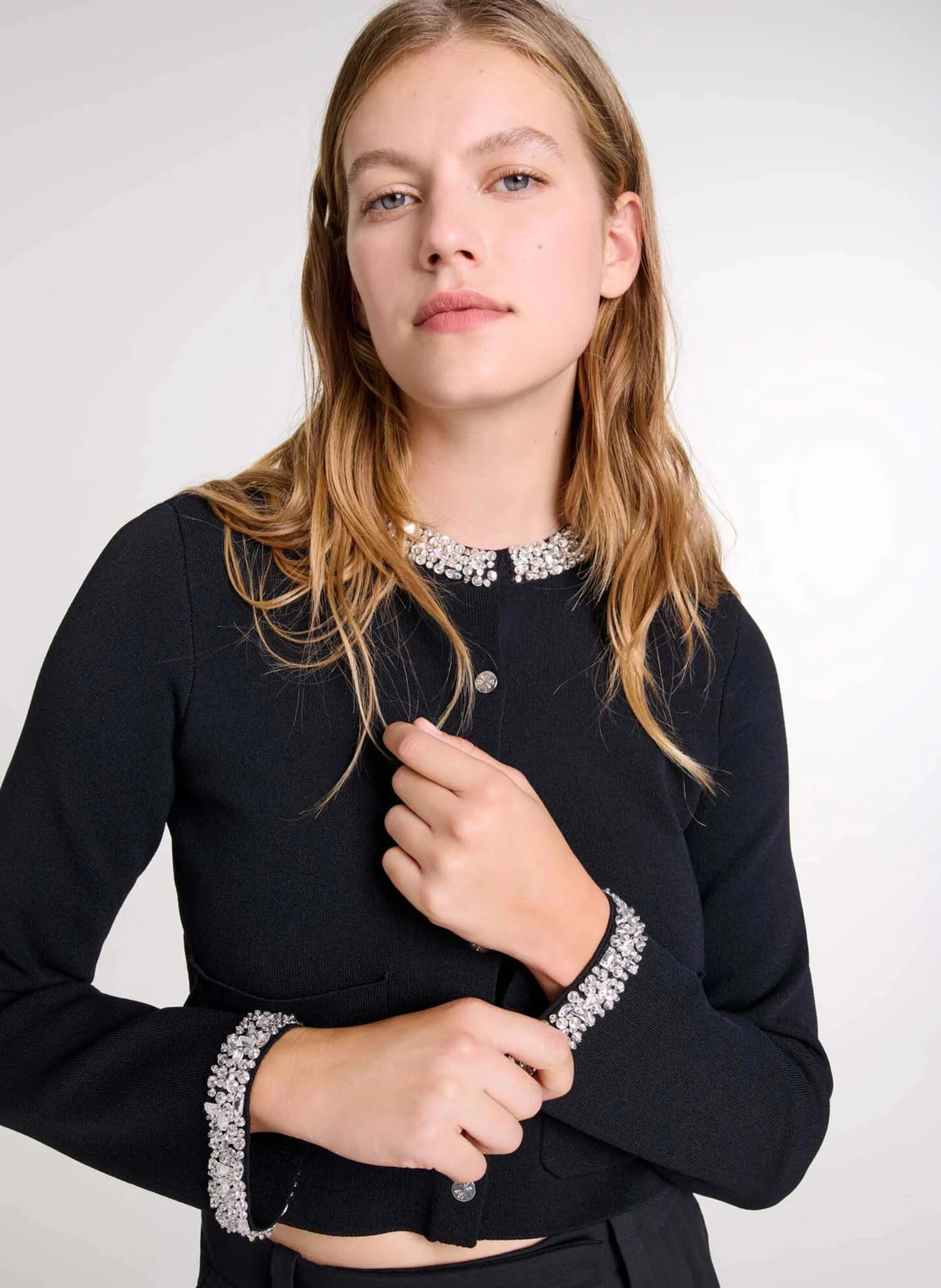 Cardigan droit à strass | Noir