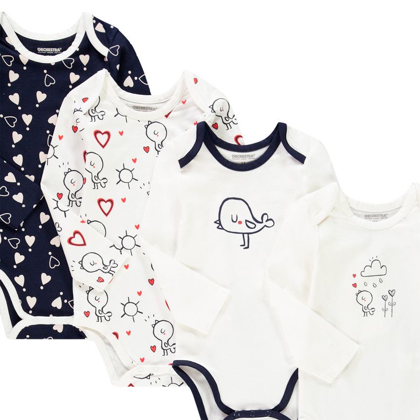 Lot de 7 bodies manches longues en coton bio print oiseau pour bébé fille - Ecru
