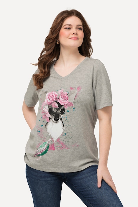 T-Shirt, Blumen-Rehkitz, Classic, V-Ausschnitt, Halbarm
