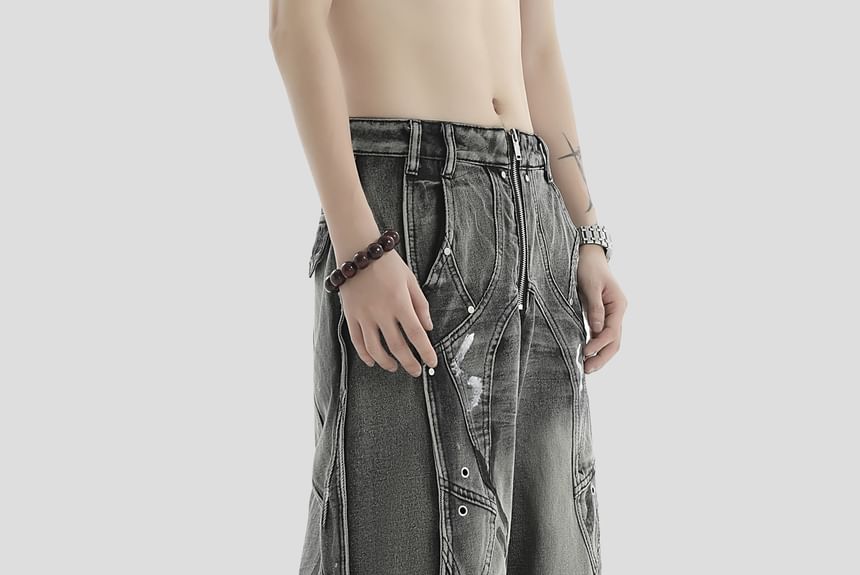 INStudio - Mid Rise Print Washed Rafeled Wide Leg Jeans