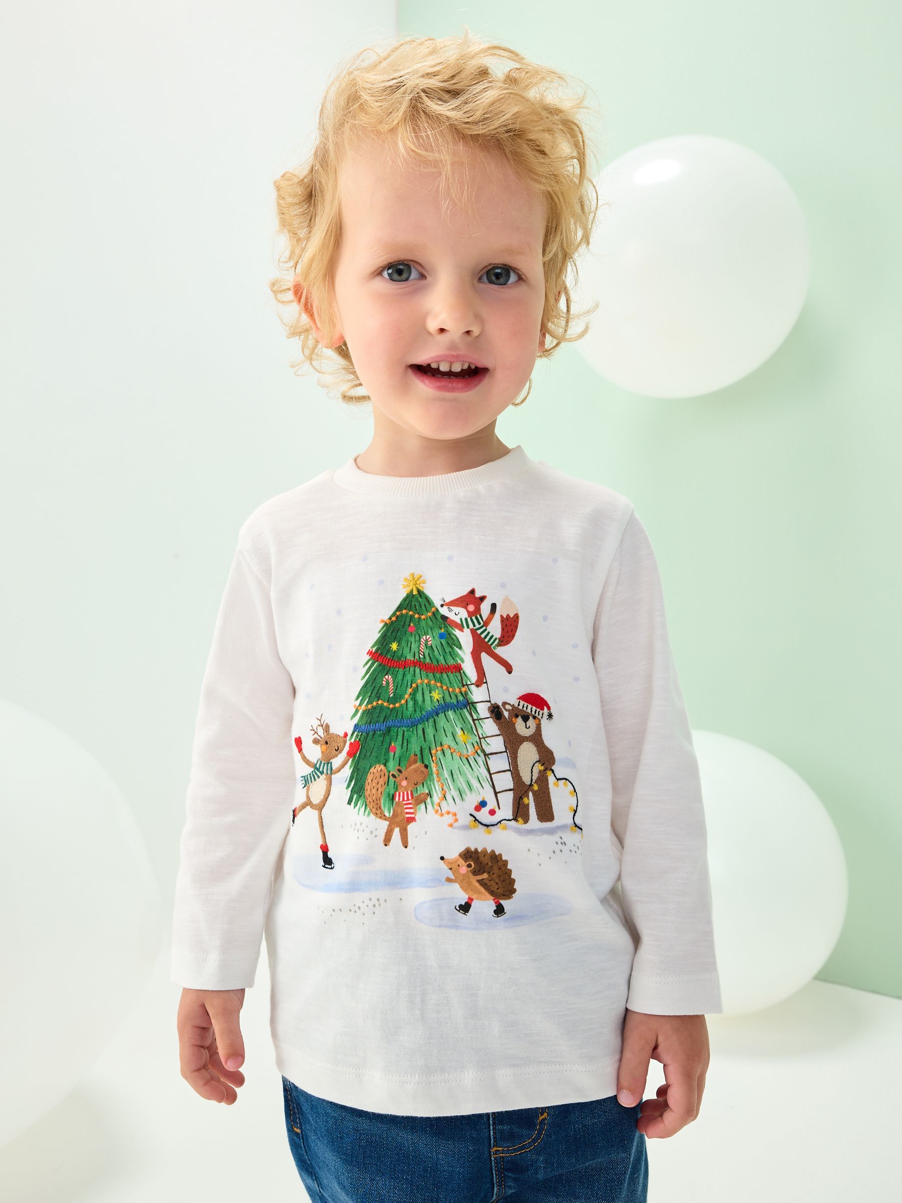 Geborduurde witte grafische print - Kerst-T-shirt met lange mouwen (3mnd -8jr)