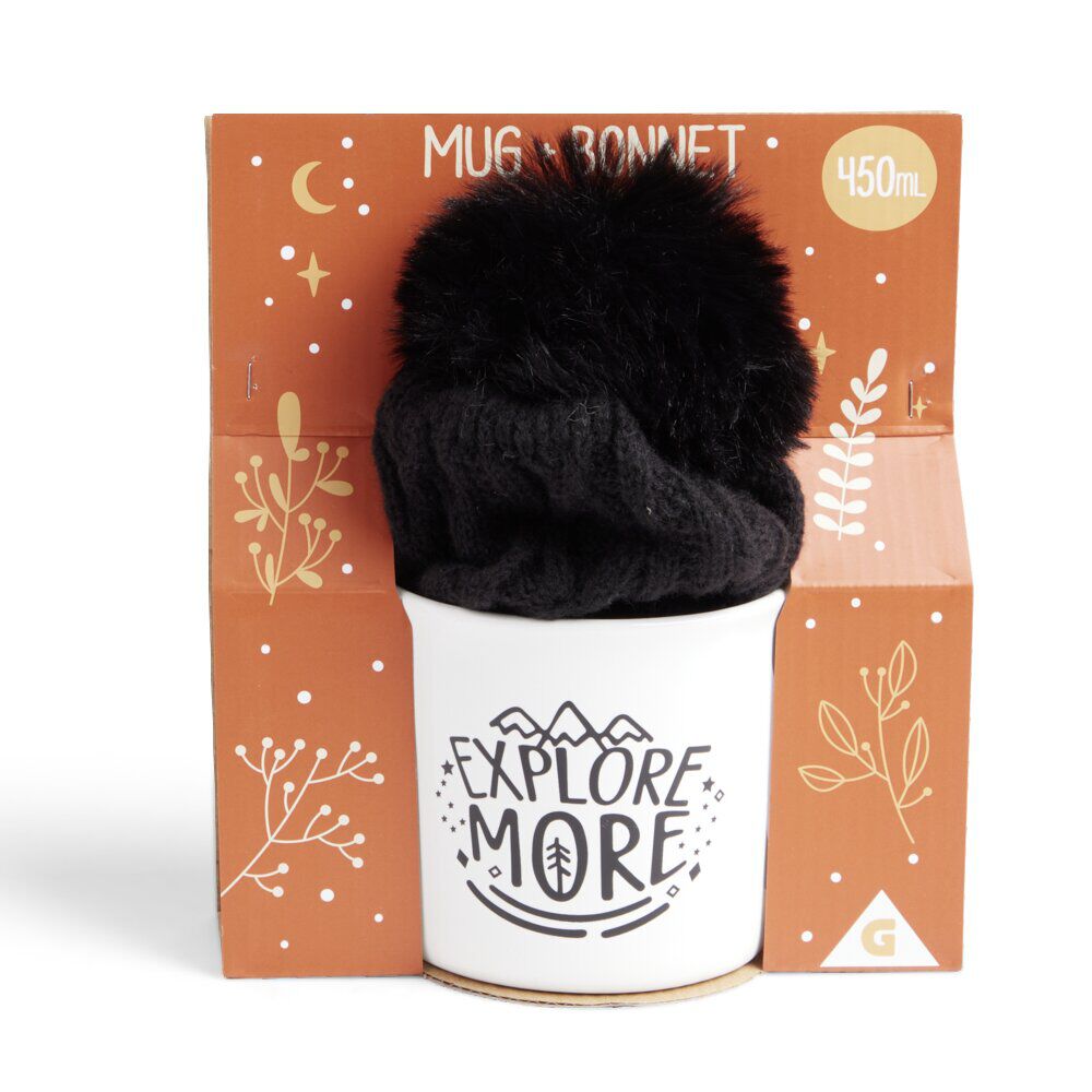 Ensemble mug 450ml faïence avec bonnet à pompon noir