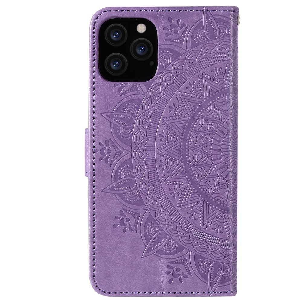 iPhone 12 / iPhone 12 Pro Leder Tasche Wallet - Mandala Flowers Imprint - Lila