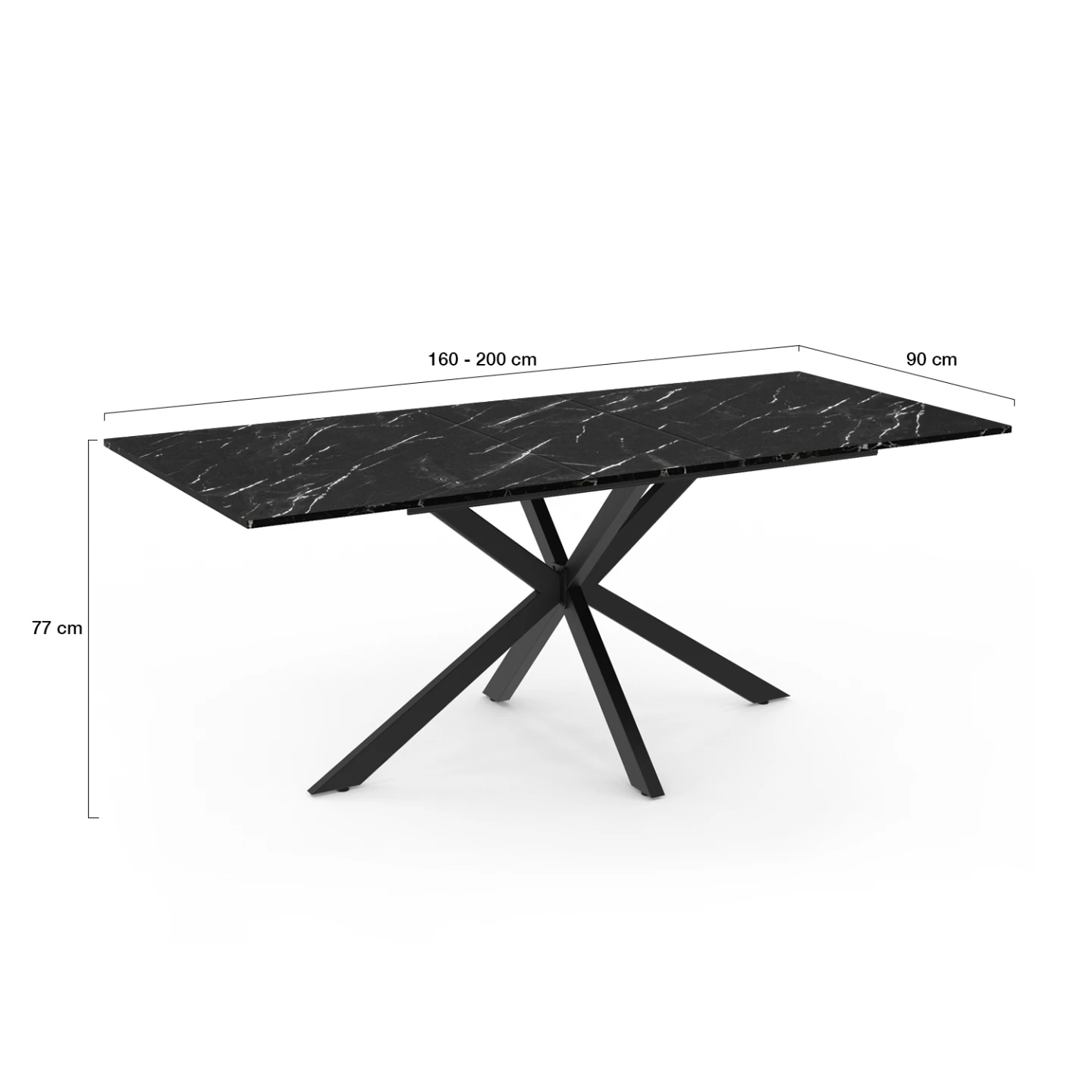 Table à manger extensible rectangle ALIX 6-10 personnes pied araignée noir et plateau effet marbre noir ALASKA 160-200 cm