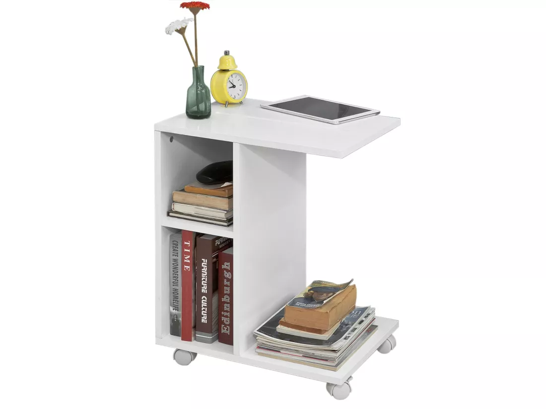 Bout De Canapé Table D’appoint Moderne Roulante Avec 2 Étagères De Rangement, Fbt48-w