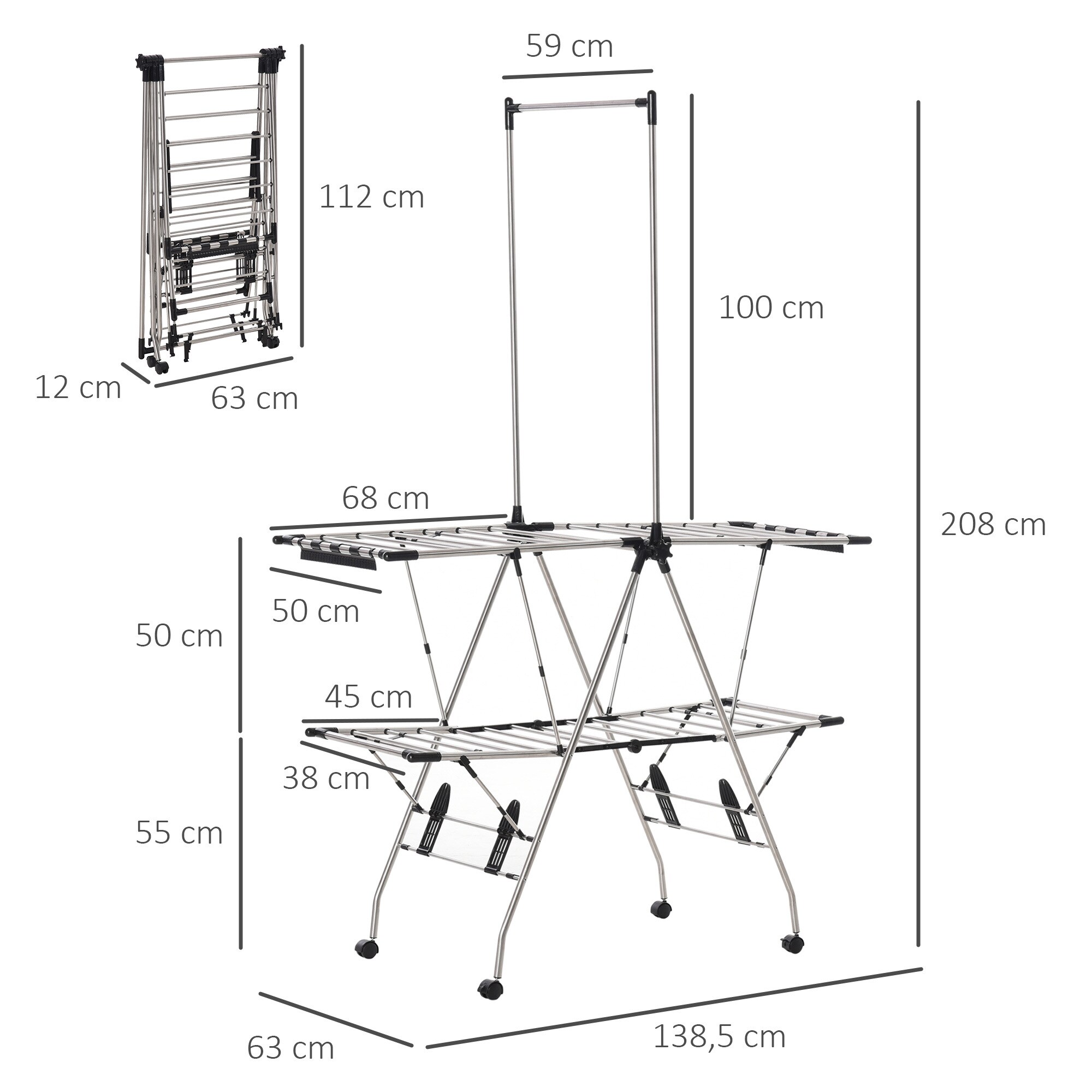HOMCOM Wäscheständer mit 3 Ebenen silber, schwarz 138,5x 63x 208 cm (BxTxH)