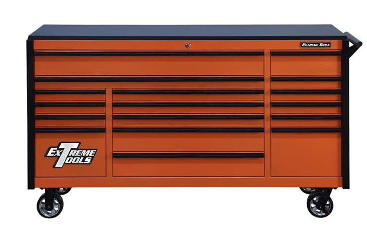 Armário de ferramentas Extreme Tools Série DX de 72 polegadas com 17 gavetas e rodízios.