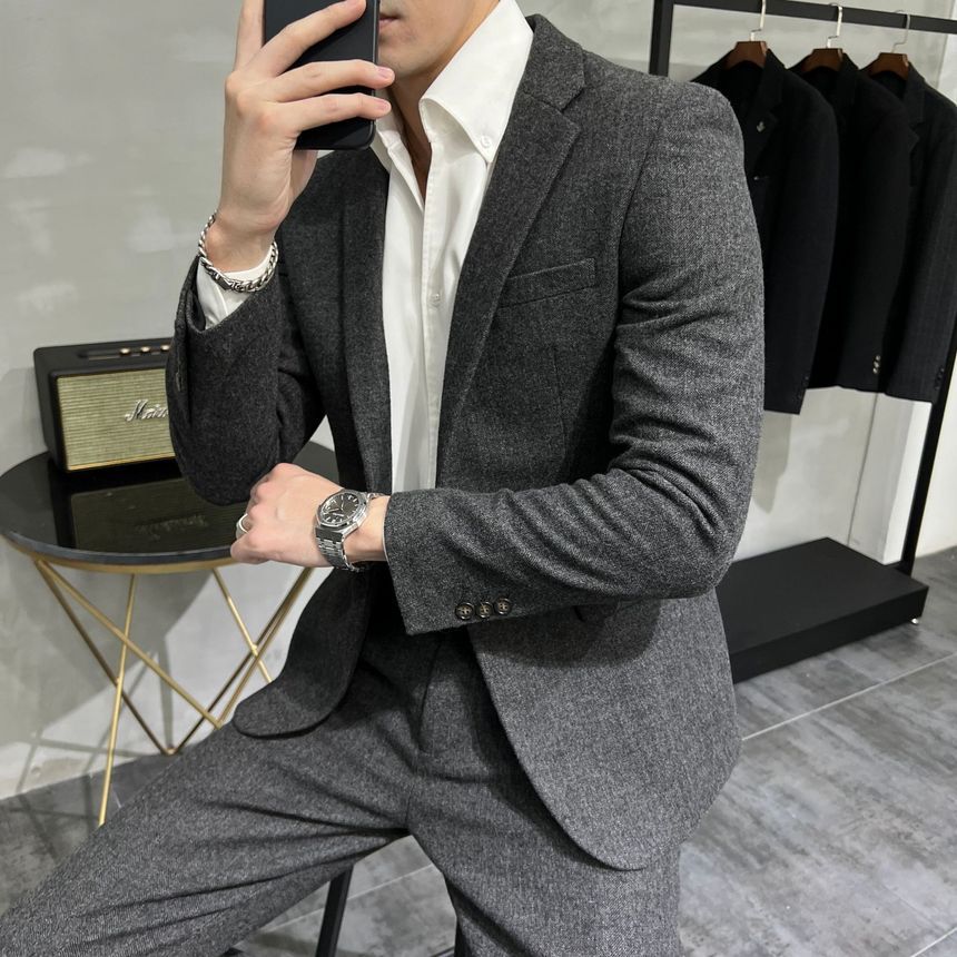 Deepwood - Set: Effen wollen blazer met één knoop + taps toelopende pantalon