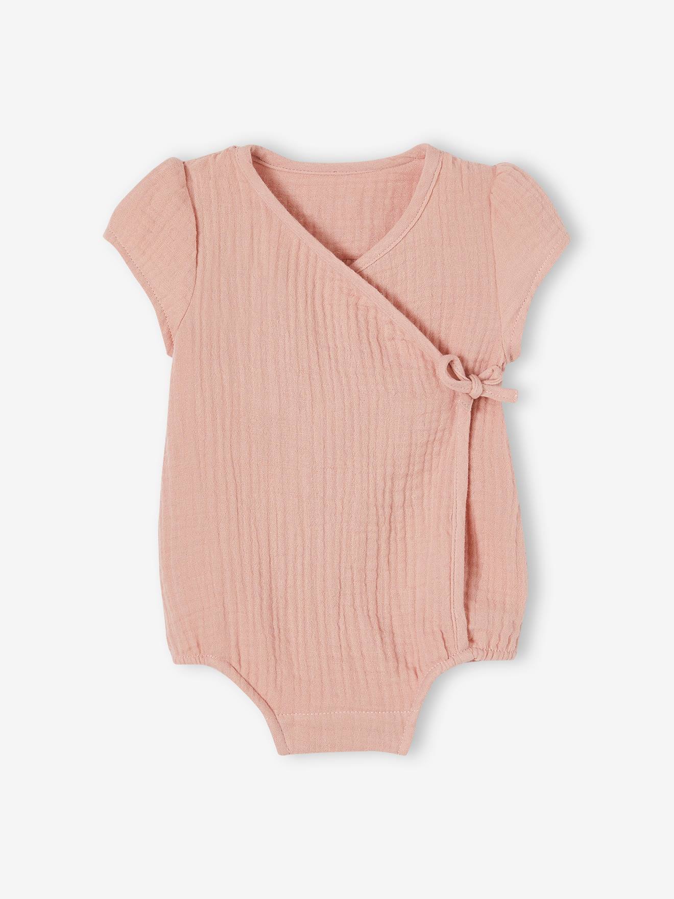 Body de chiffon de algodão personalizável com abertura para maquiagem de recém-nascido rosa.